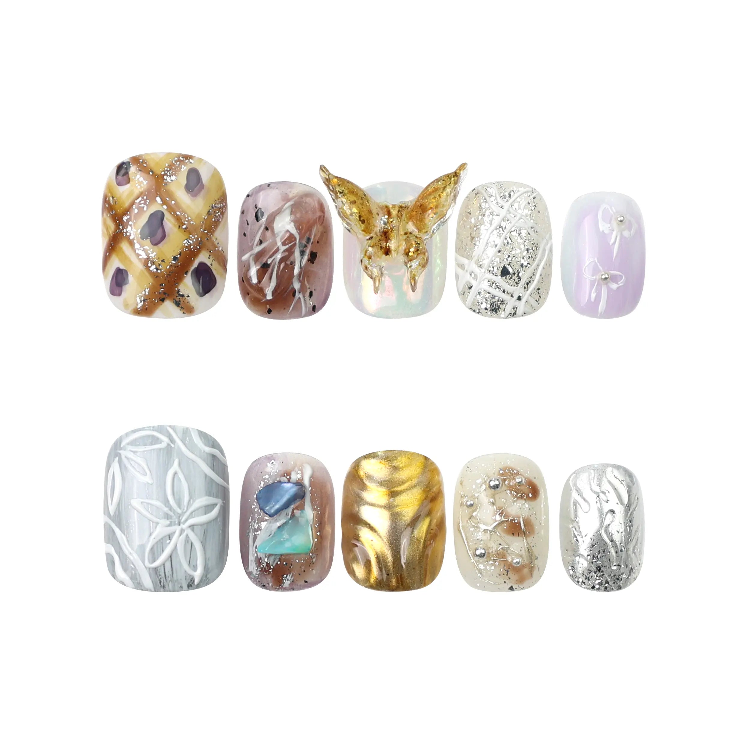 Naillover Ethereal Shimmer short press on nails on white background—featuring lilac, amber, butterflies, and chrome finishes.