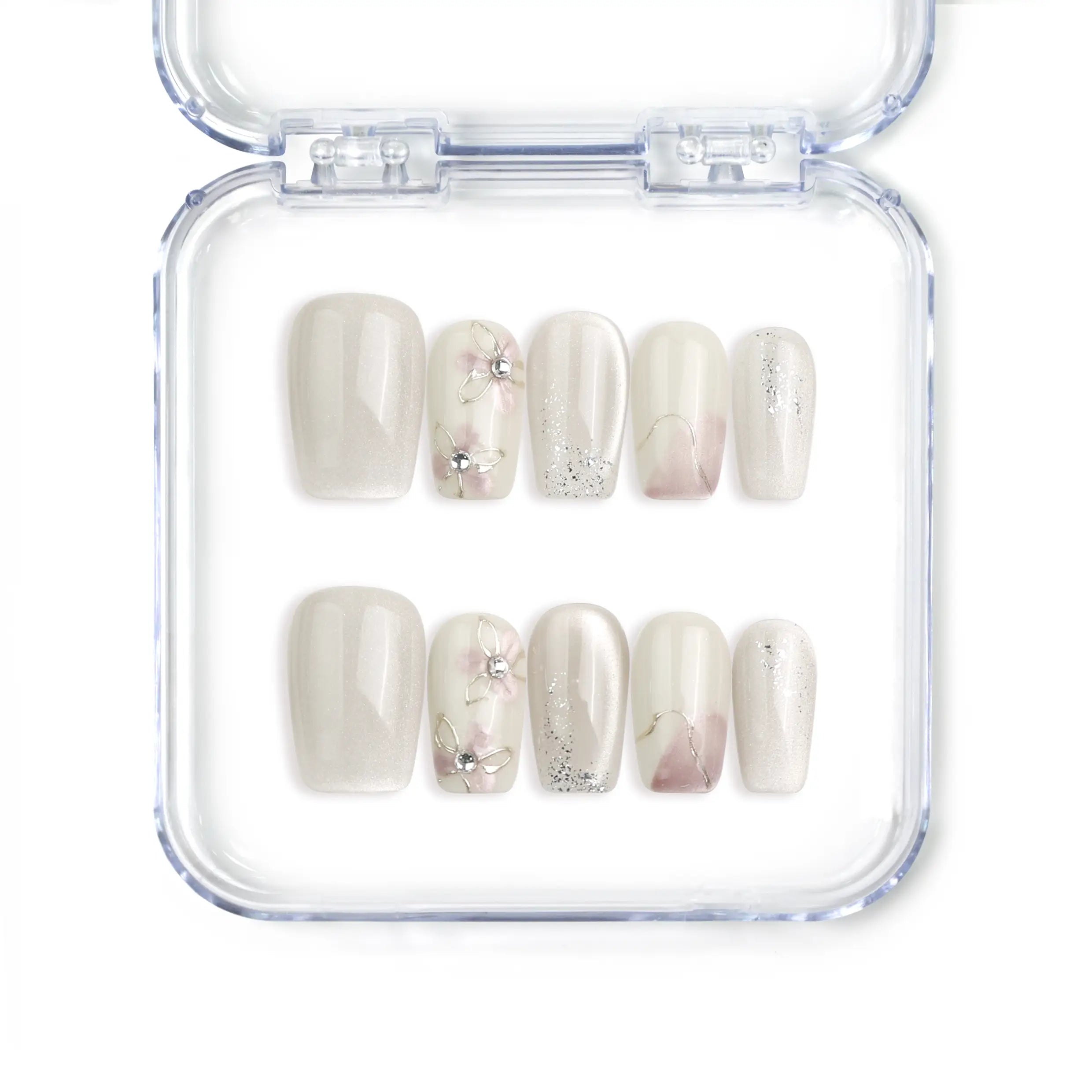 Full set of Naillover Flora Sheen Singapore press on nails featuring soft pink and white handmade floral gradient design with subtle 3D detail.