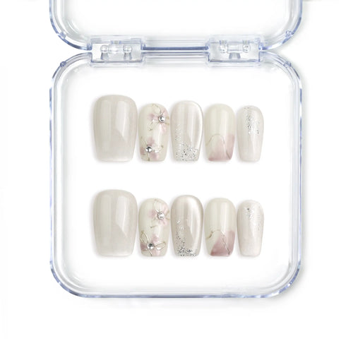 Full set of Naillover Flora Sheen Singapore press on nails featuring soft pink and white handmade floral gradient design with subtle 3D detail.