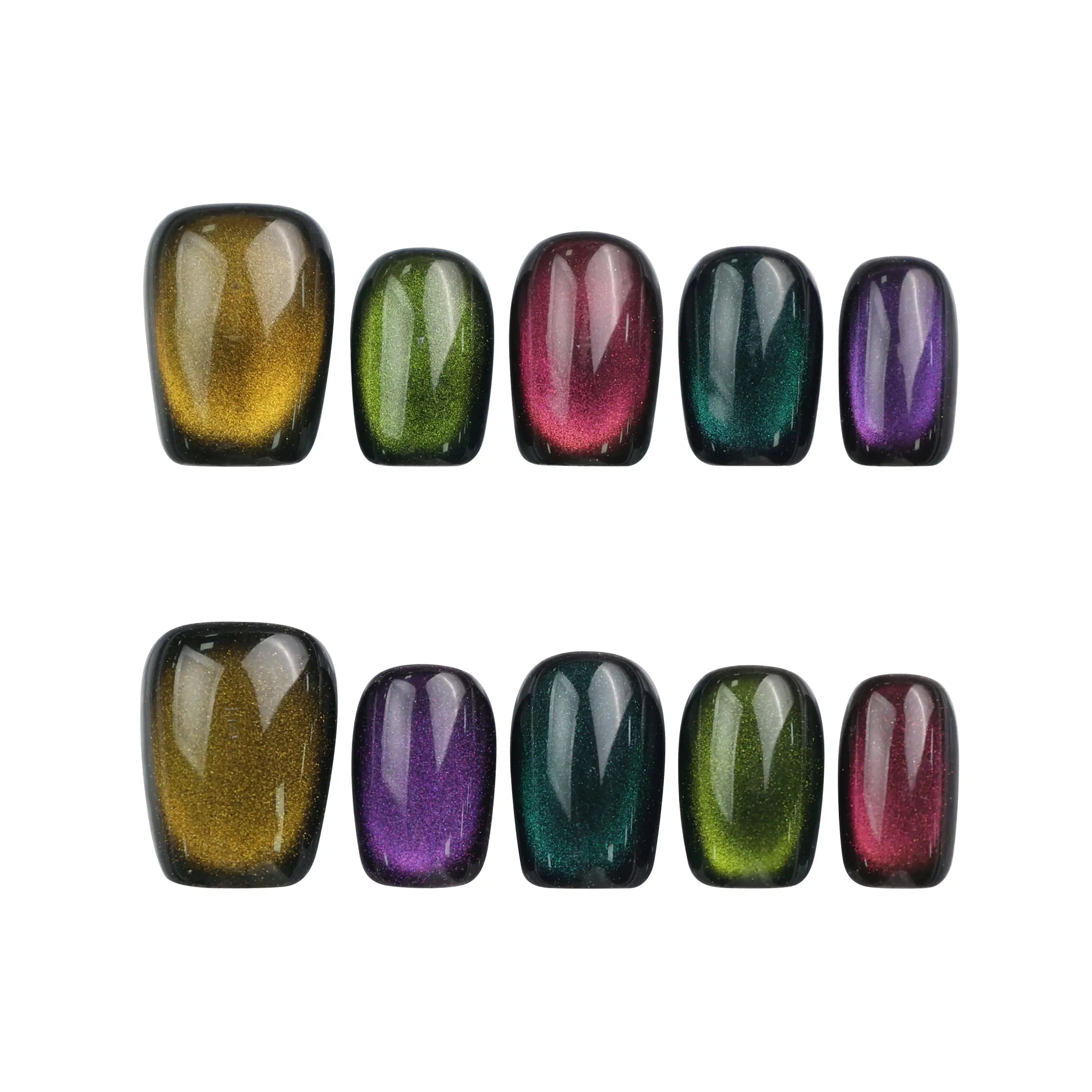 Galaxy Velvet black cat eye handmade press on nails from Singapore by Naillover, full set on white background with jewel tone shimmer