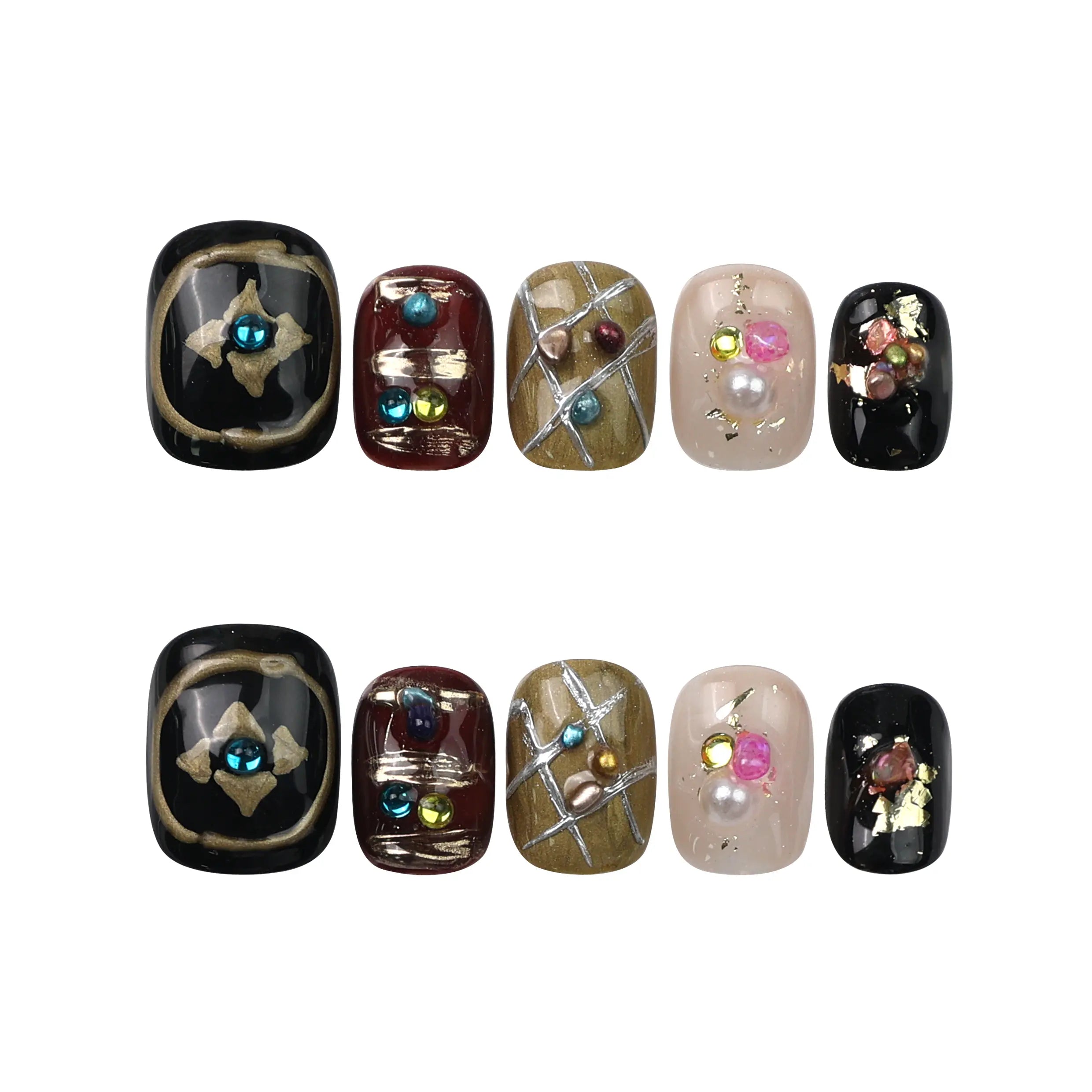 Flat-lay of Naillover Gem Enchant handmade press on nails with black base, 3D stars, and sparkly gems, from our Singapore press on nails line.