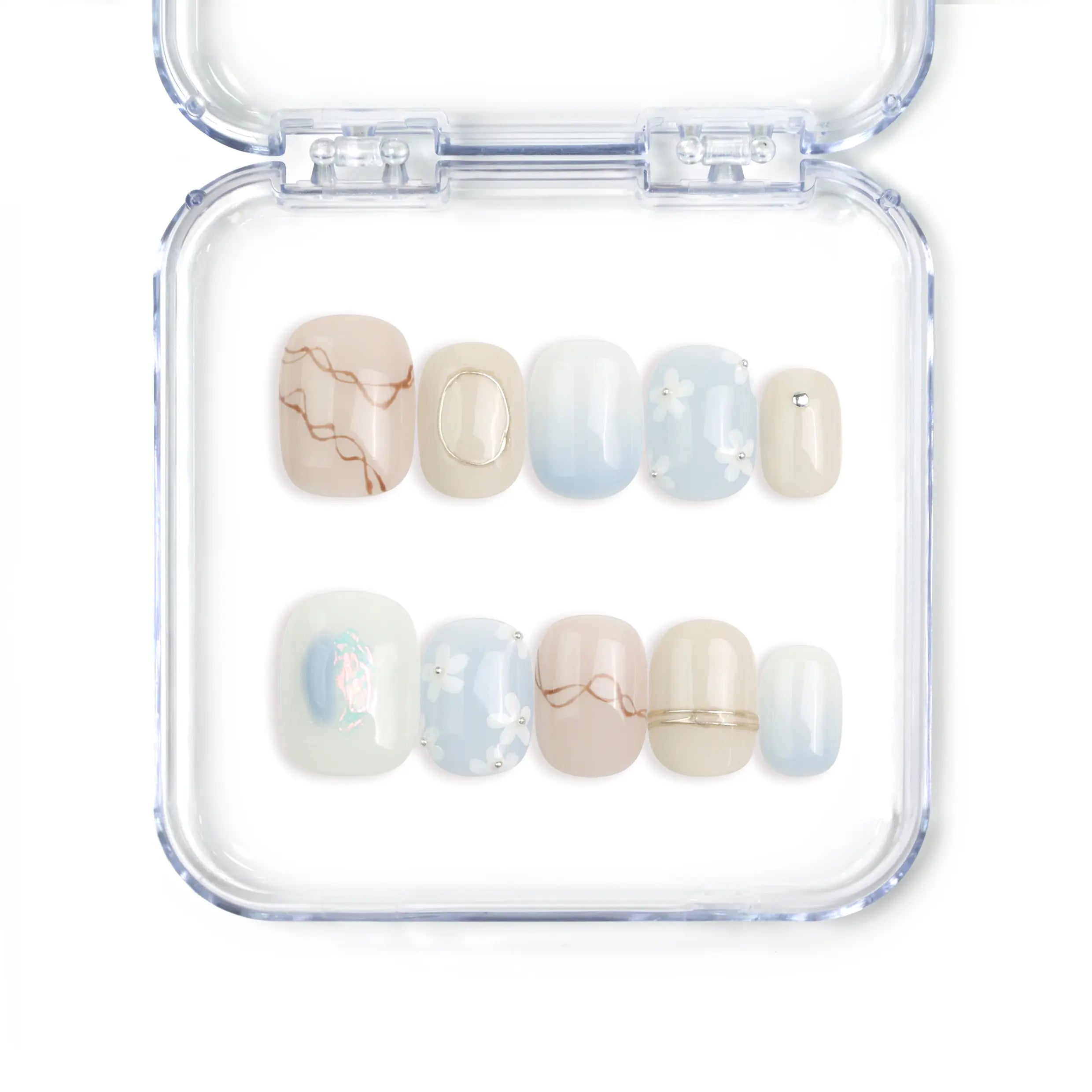 Naillover Gentle Echo handmade press on nails in pastel tones, featuring delicate flower accents, classic and simple, made in Singapore.