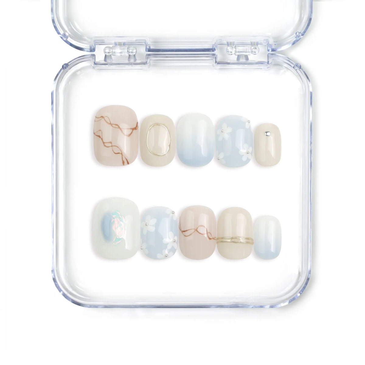 Naillover Gentle Echo handmade press on nails in pastel tones, featuring delicate flower accents, classic and simple, made in Singapore.