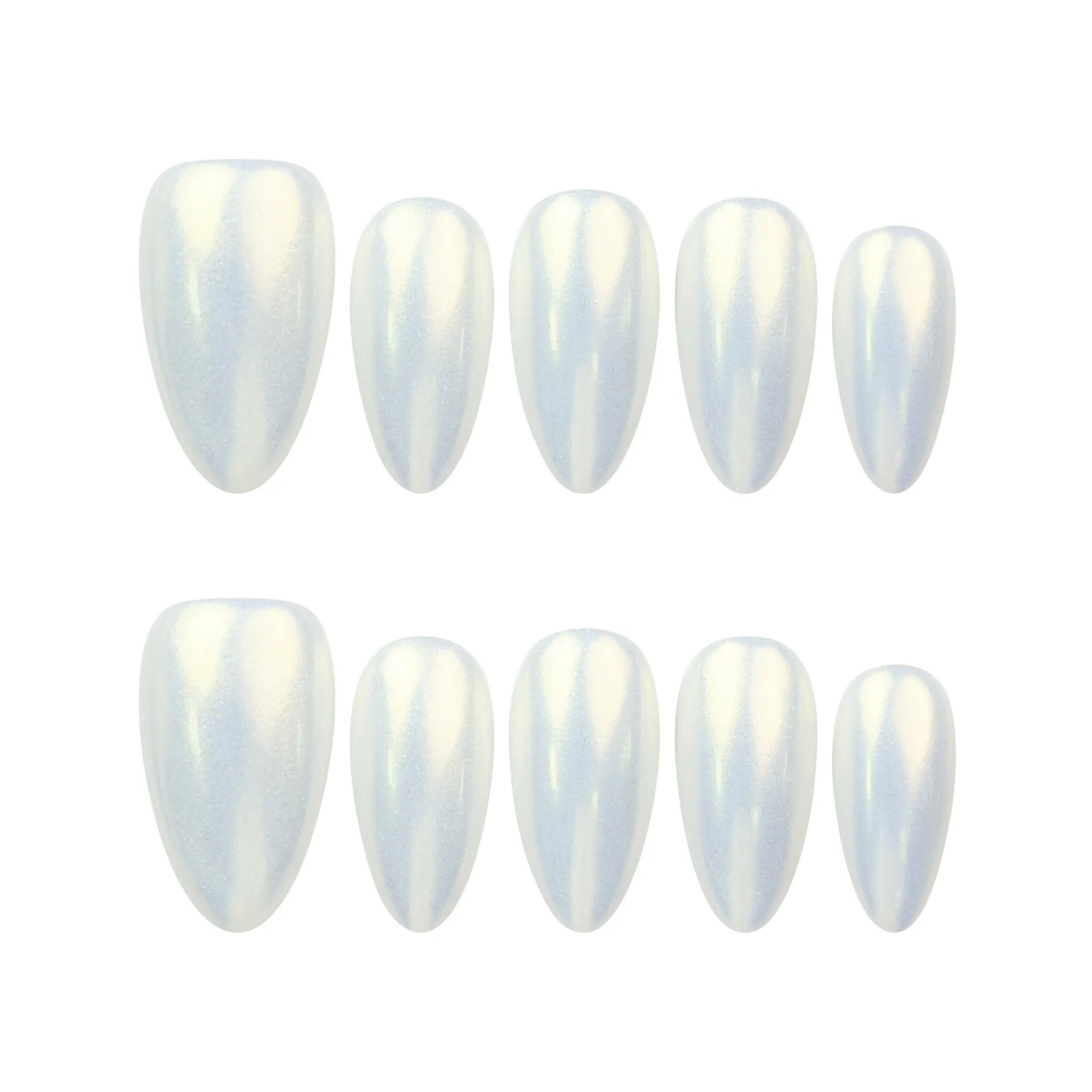 Naillover Glacial Glow Singapore press on nails set, handmade nails with iridescent finish on white background