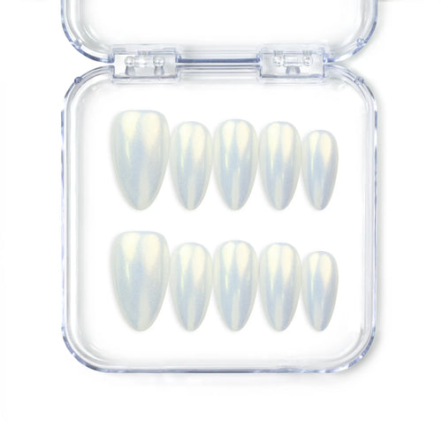 Naillover Glacial Glow handmade press on nails SG in shimmering iridescent finish, showcasing trendy nails with a luminous glow