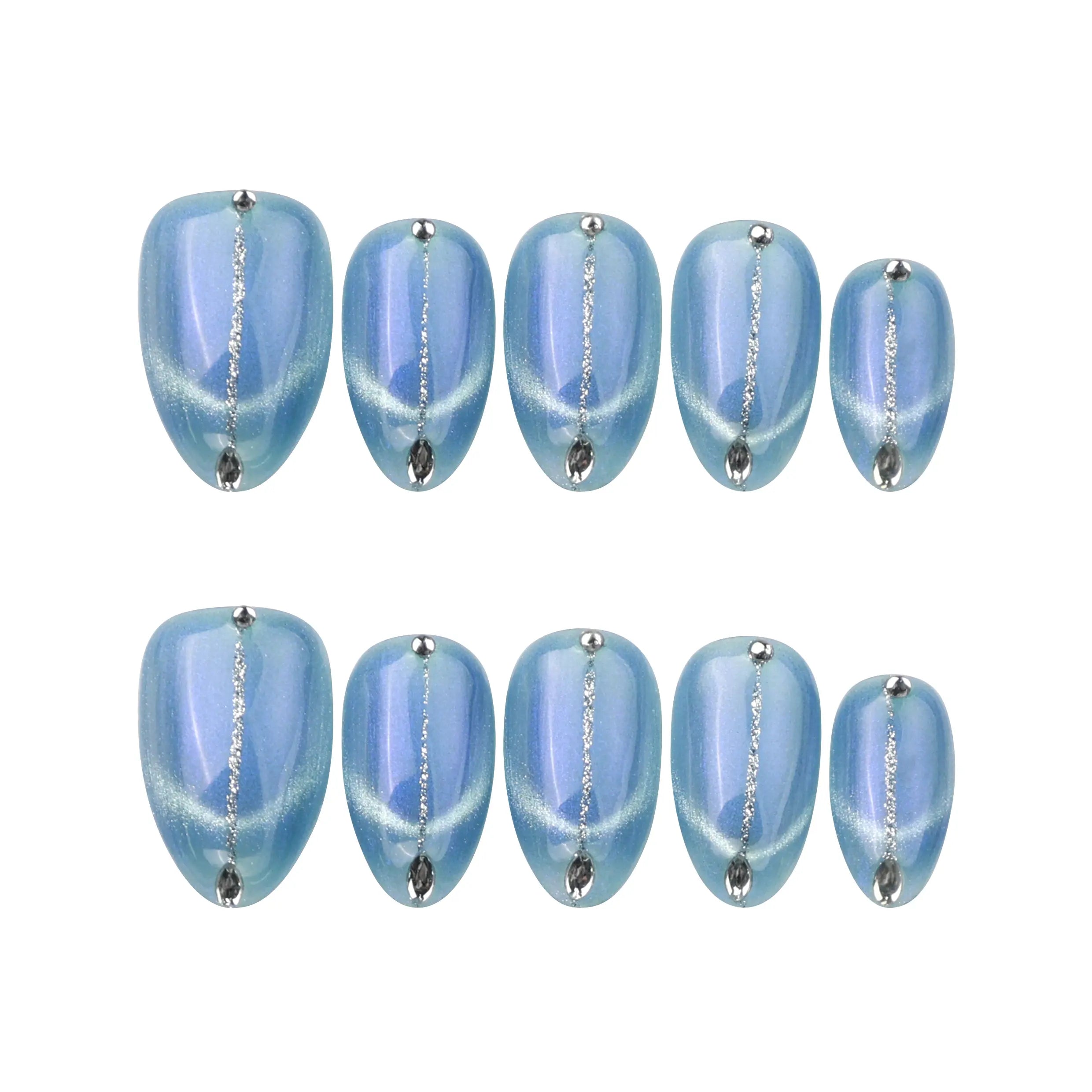Naillover handmade press on nails set in icy blue cat eye finish, almond shape on a white background.