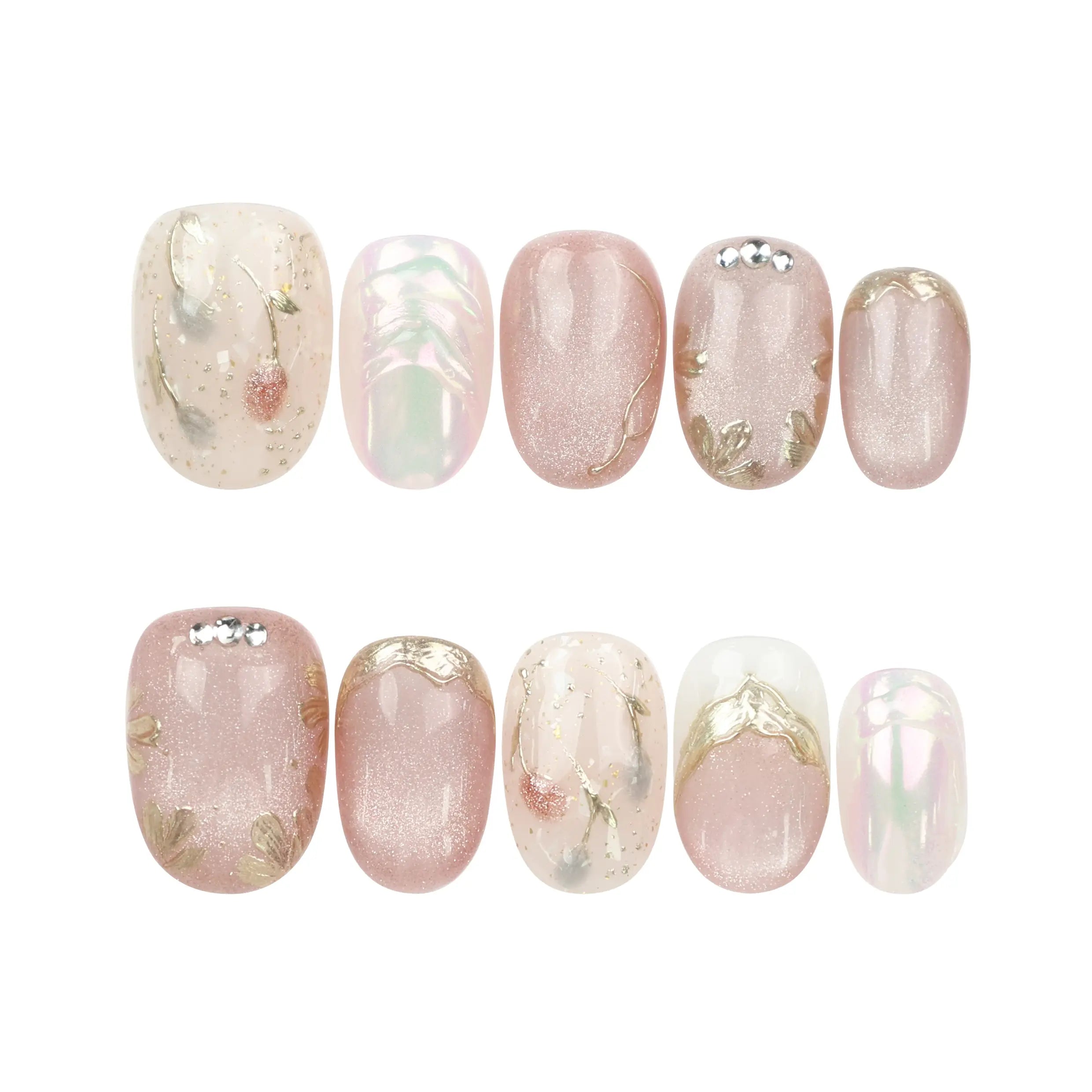 Naillover Glimmer Blossom handmade Singapore press on nails displayed on white background with pink shimmer and gold accents.