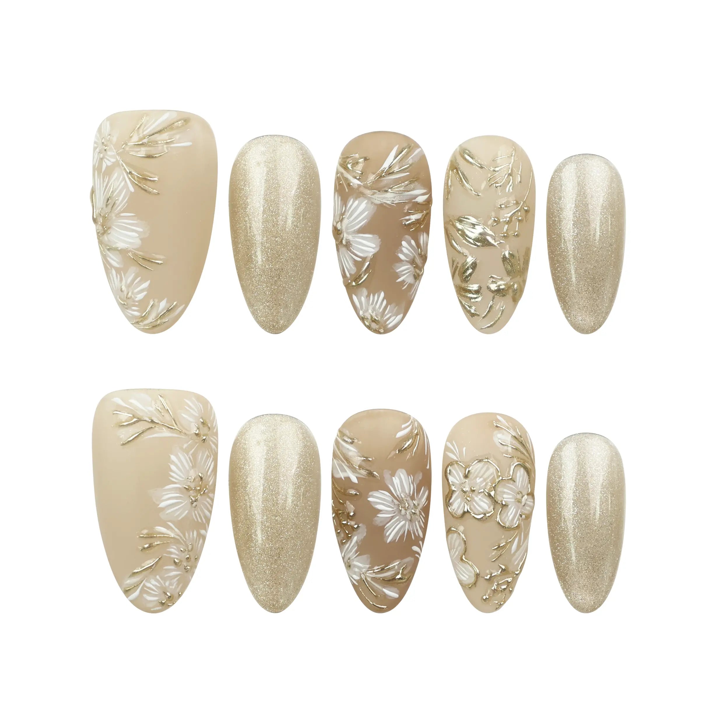 Naillover Golden Brown Floral Shine handmade press on nails flat lay on white background, showcasing gold shimmer and floral accents.