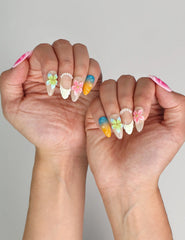 Naillover Gradient Fantasy trendy press on nails styled with outfit, showing artisanal handmade nail art.