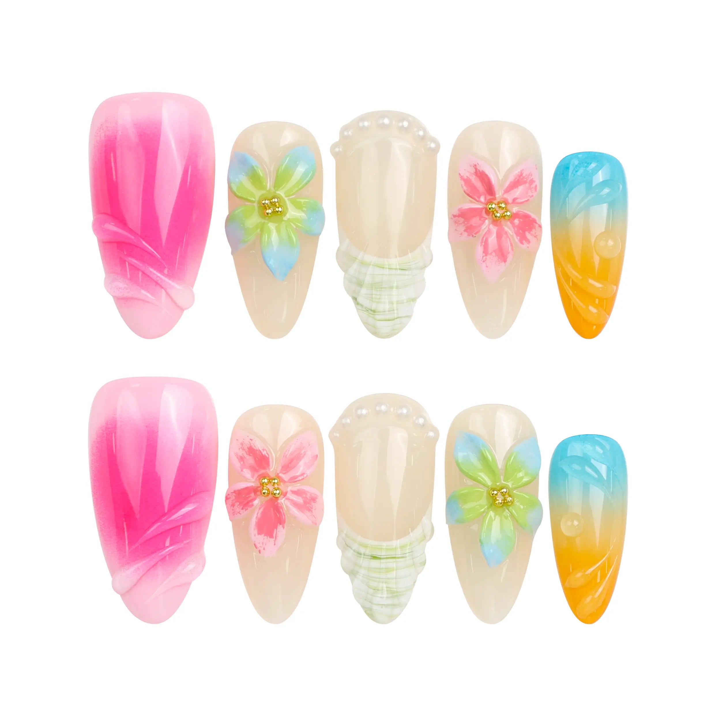 Naillover Gradient Fantasy press on nails set on white background, featuring handmade gradient hues with 3D flowers.