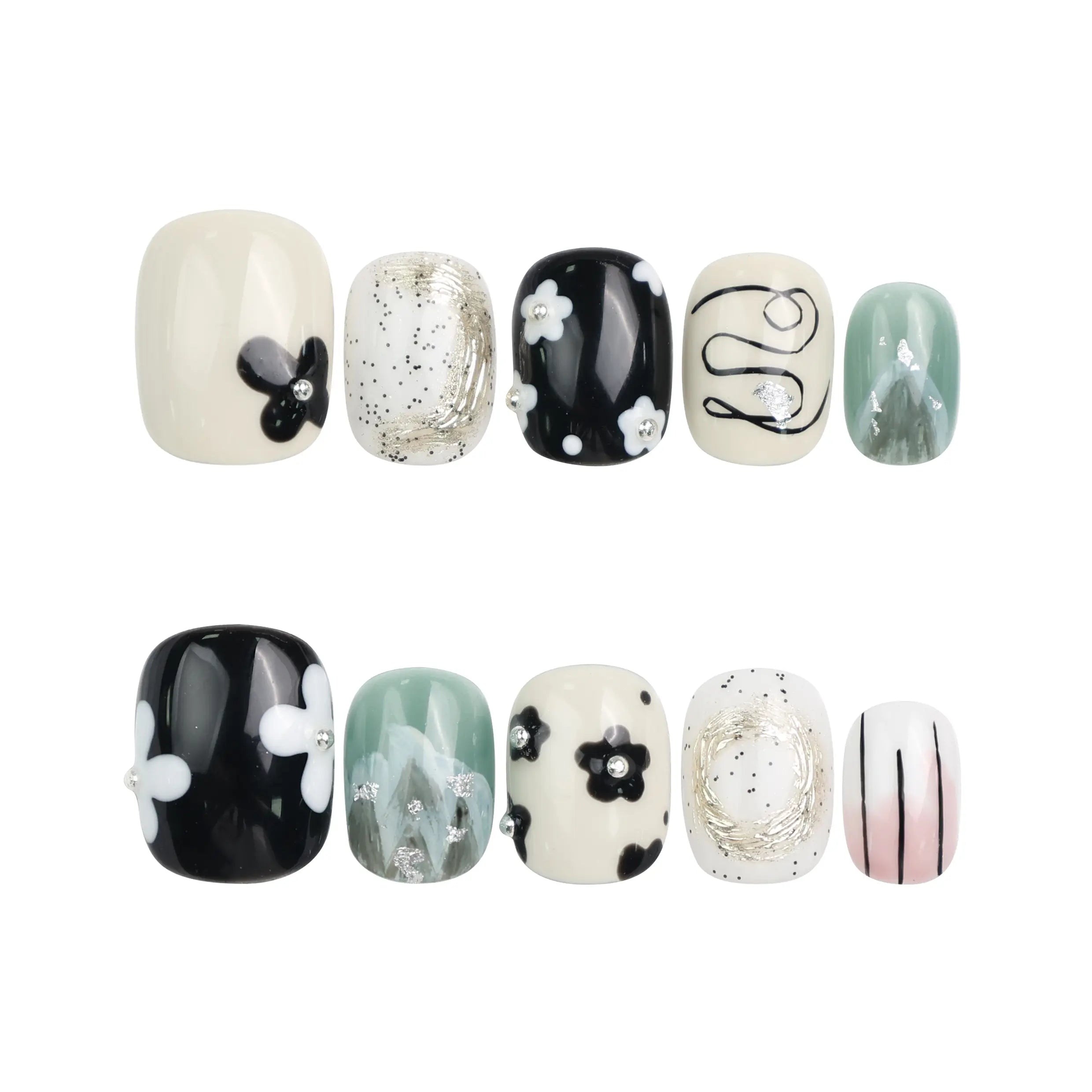 Naillover Inky Blossoms Singapore press on nails displayed on white background, featuring handmade black, white, and green floral details.
