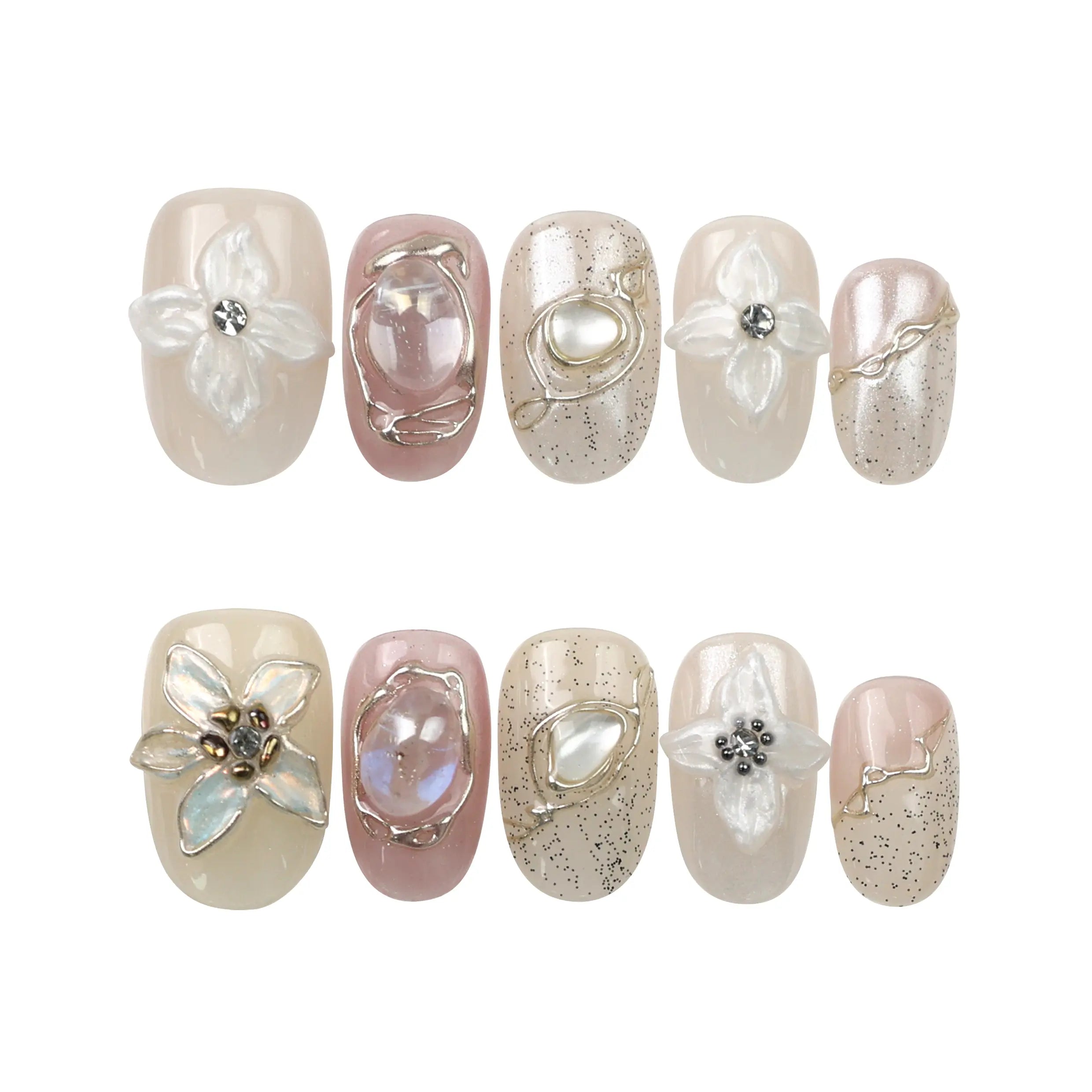 Flat lay of Naillover Lace Flower press on nails—pastel-colored, handmade 3D nails with romantic floral designs from Singapore.
