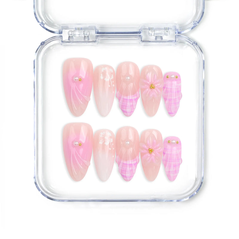 Lavender Bloom handmade press on nails Singapore with floral and gold design, Naillover 3D summer nails collection