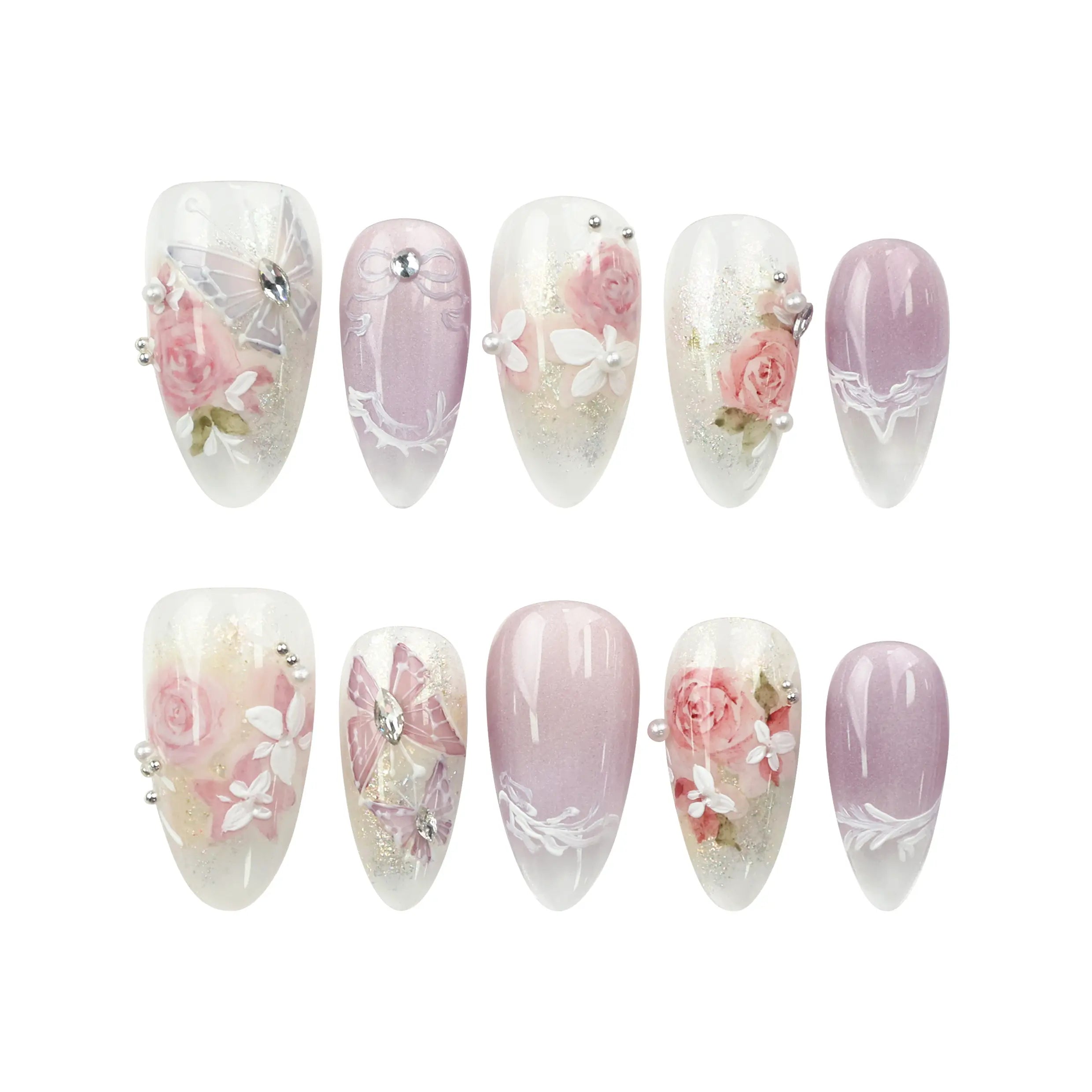 Naillover Lavender Floral Dream handmade press on nails flat lay on white background, showing lilac and white tones with floral and pearl designs.