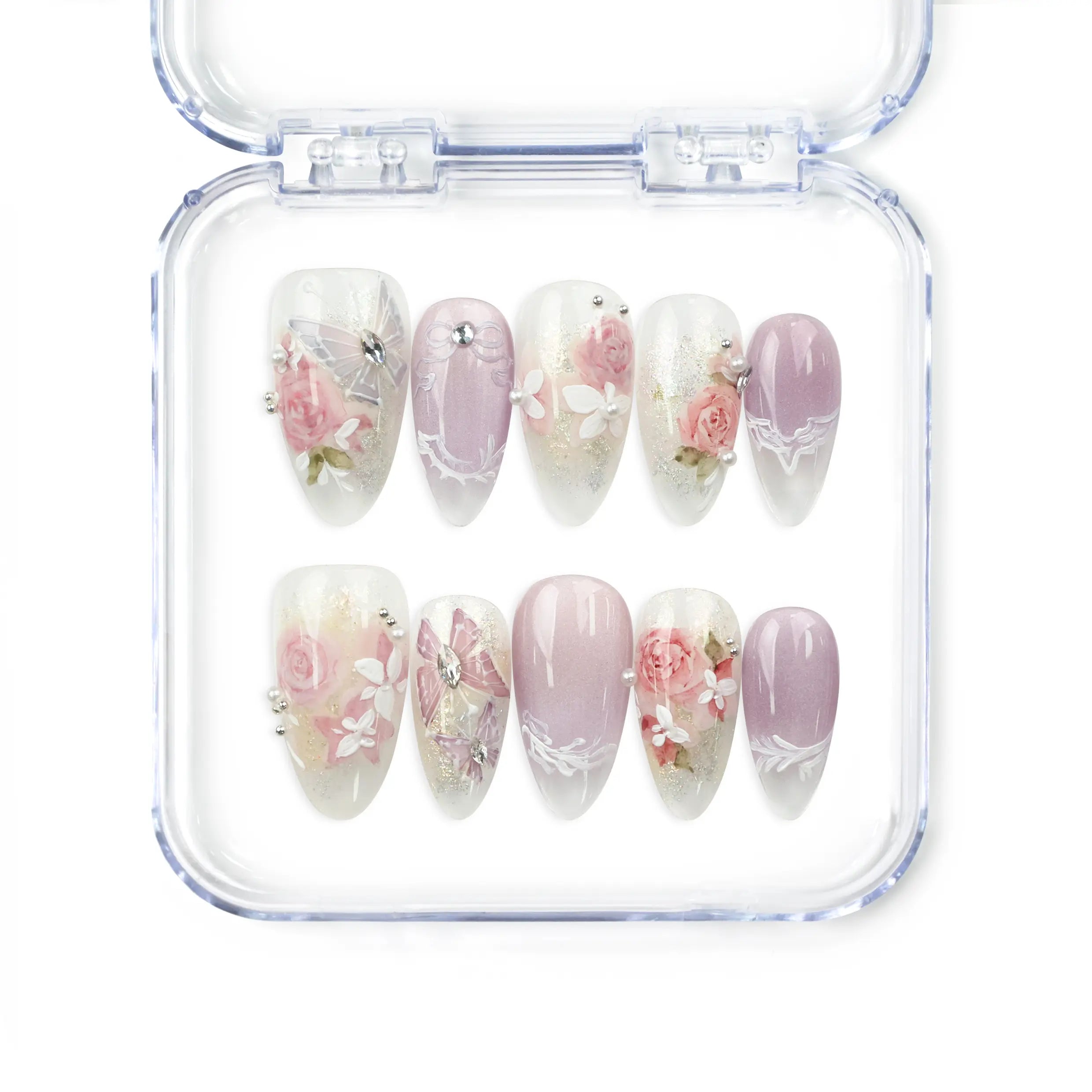 Lavender Floral Dream handmade press on nails by Naillover in lilac and white with roses, butterflies, pearls, and rhinestones — romantic Singapore press on nails.