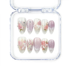 Lavender Floral Dream handmade press on nails by Naillover in lilac and white with roses, butterflies, pearls, and rhinestones — romantic Singapore press on nails.