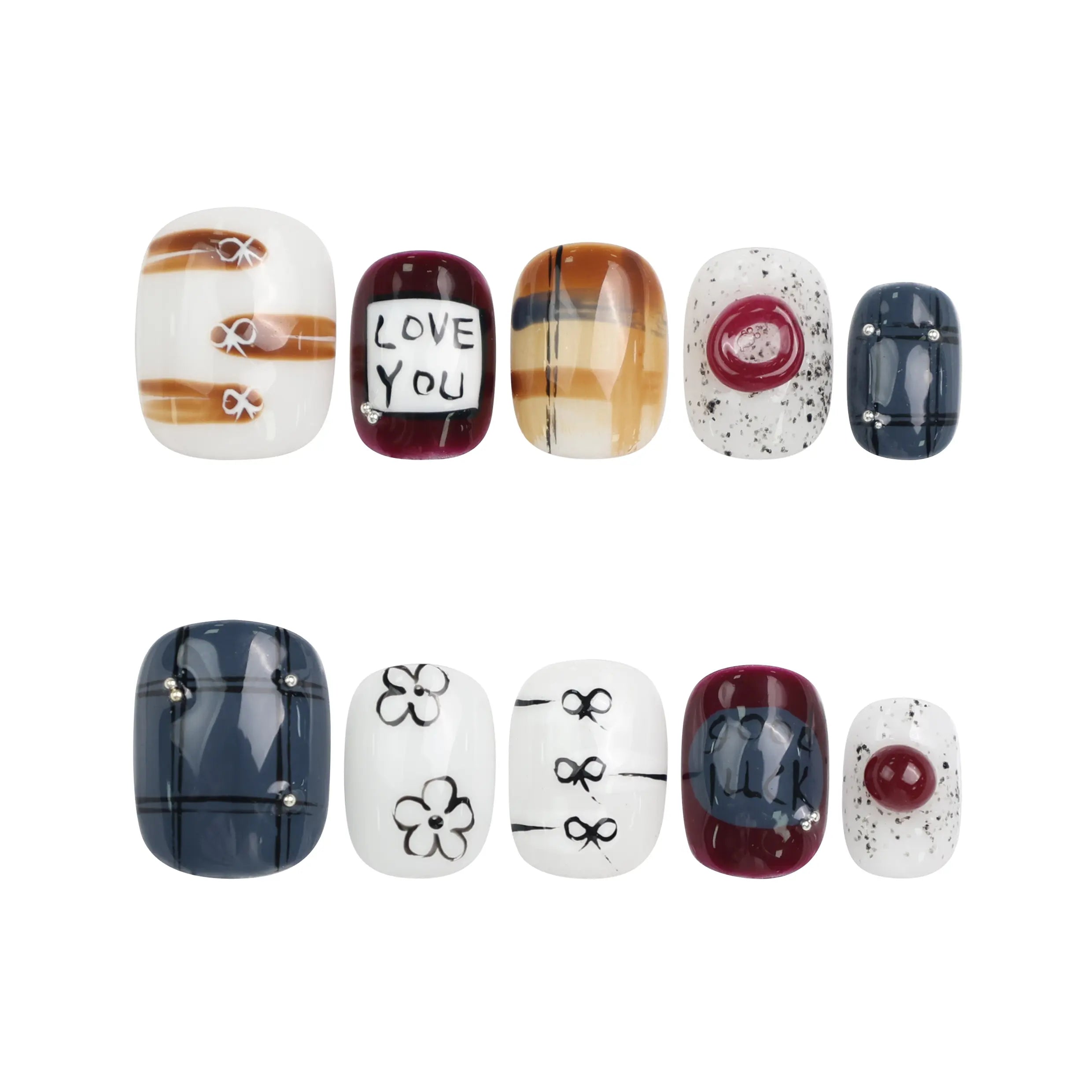 Naillover Love Notes Singapore press on nails displayed on white background, showing romantic lettering and bow motifs.