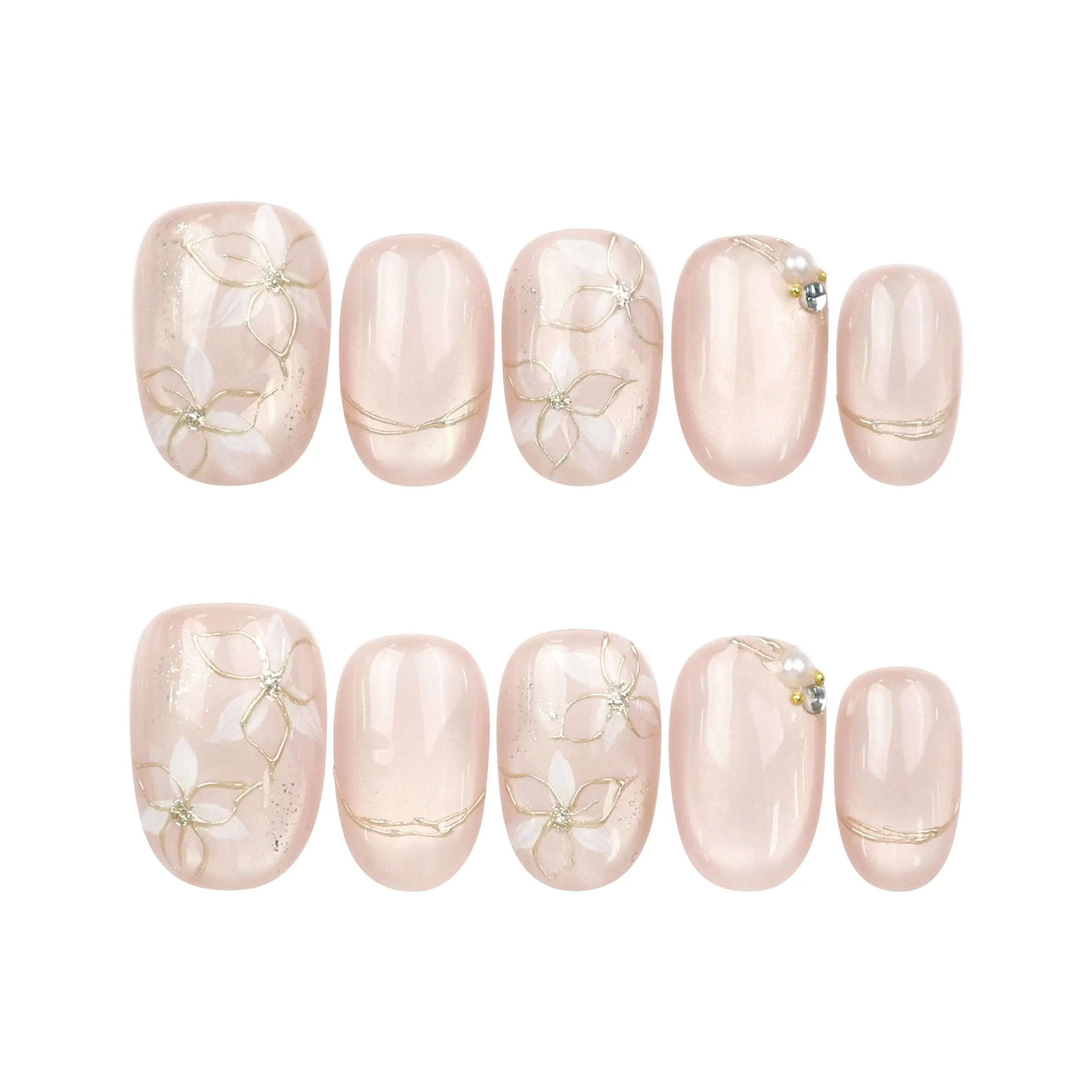 Naillover Lucid Petals handmade Singapore press on nails displayed on white background with floral and pearl accents.