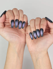 Fashion look with Naillover Singapore press on nails Lunar Eclipse, sleek black to purple ombre finish