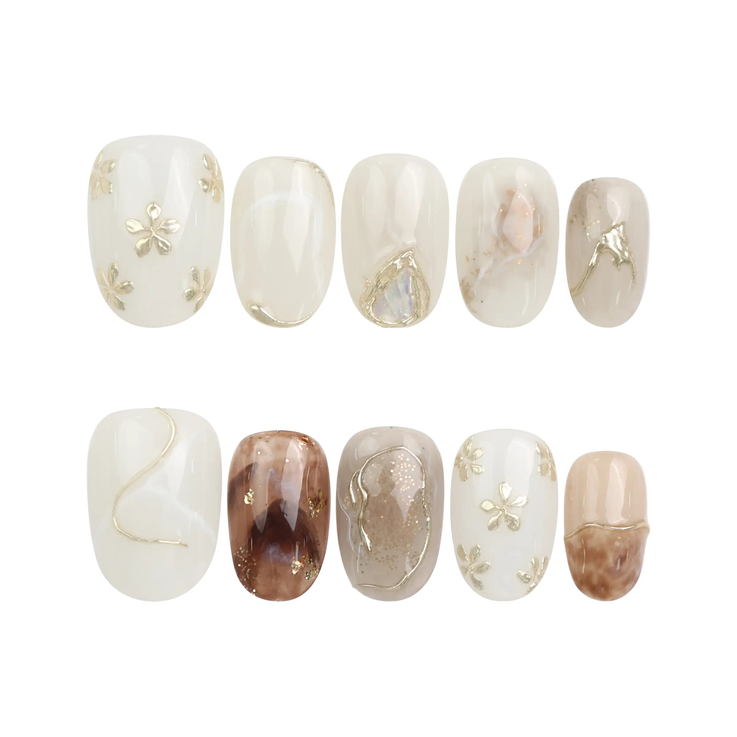 Naillover Marble Blossom handmade Singapore press on nails displayed on a white background with marble design and gold accents.