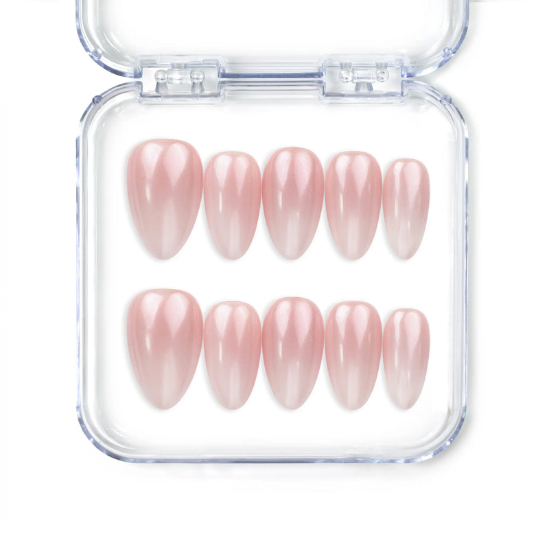 Close-up of Naillover Mauve Shine handmade Singapore press on nails in mauve pink with subtle shimmer, arranged on display card