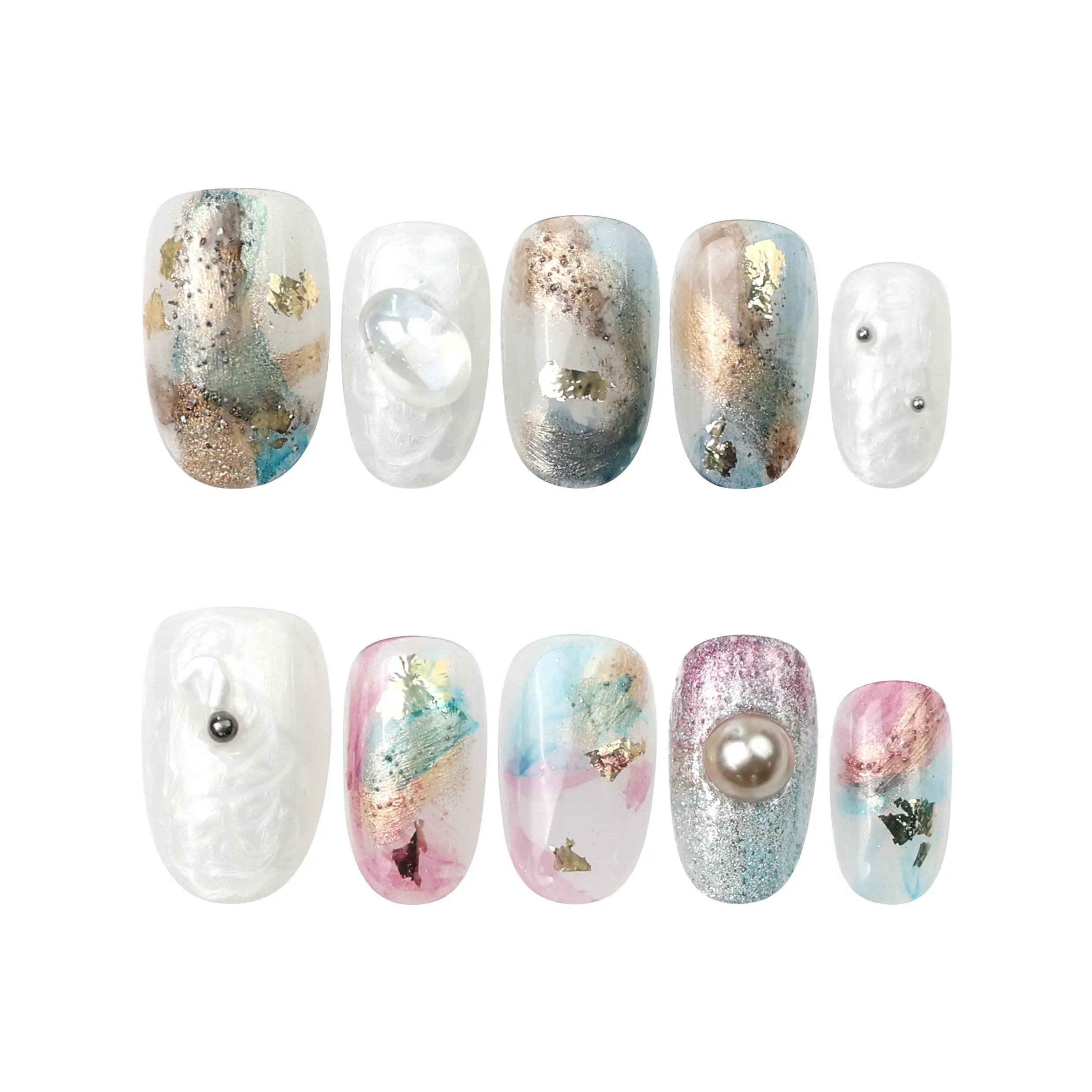 Mermaid Sparkle press on nails set by Naillover on white background, featuring short oval jelly nails with green and purple tones.