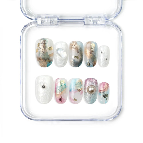 Naillover Mermaid Sparkle handmade press on nails in smoky green and purple jelly tones with gold foil, short oval shape, made in Singapore.