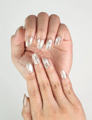 Close-up of Metallic Glam handmade press on nails Singapore, bold silver black design by Naillover