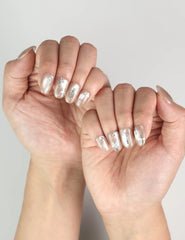 Hand pose showing Naillover Metallic Glam trendy press on nails Singapore, sleek and elegant style