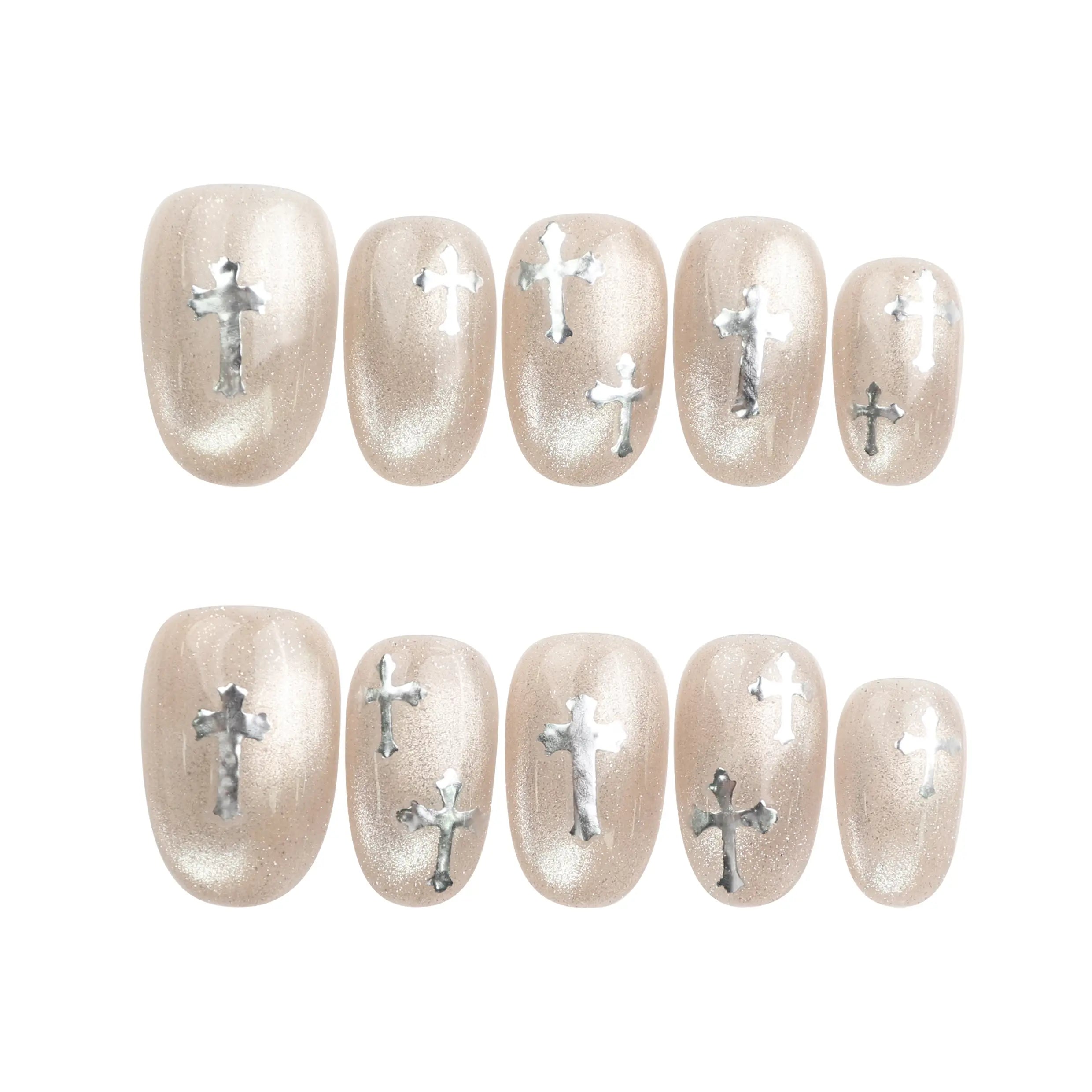 Naillover Metallic Glam press on nails Singapore, silver black geometric set on white background