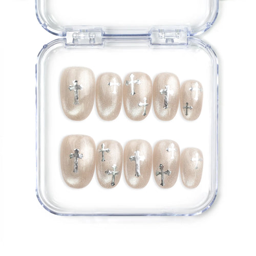 Metallic Glam silver and black geometric handmade press on nails Singapore by Naillover, glossy finish, elegant bold style