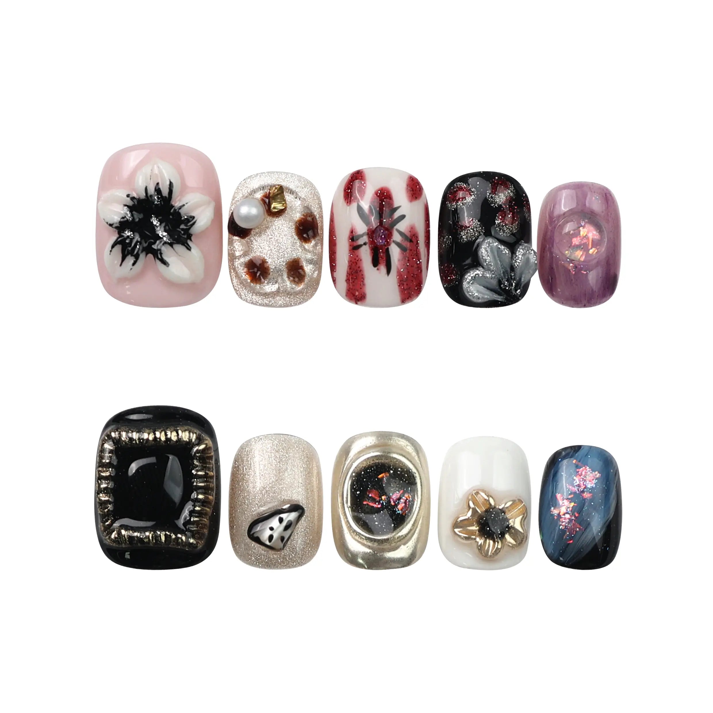Flat-lay of Naillover Midnight Whisper handmade press on nails in dark blue with silver floral accents, from our Singapore press on nails line.