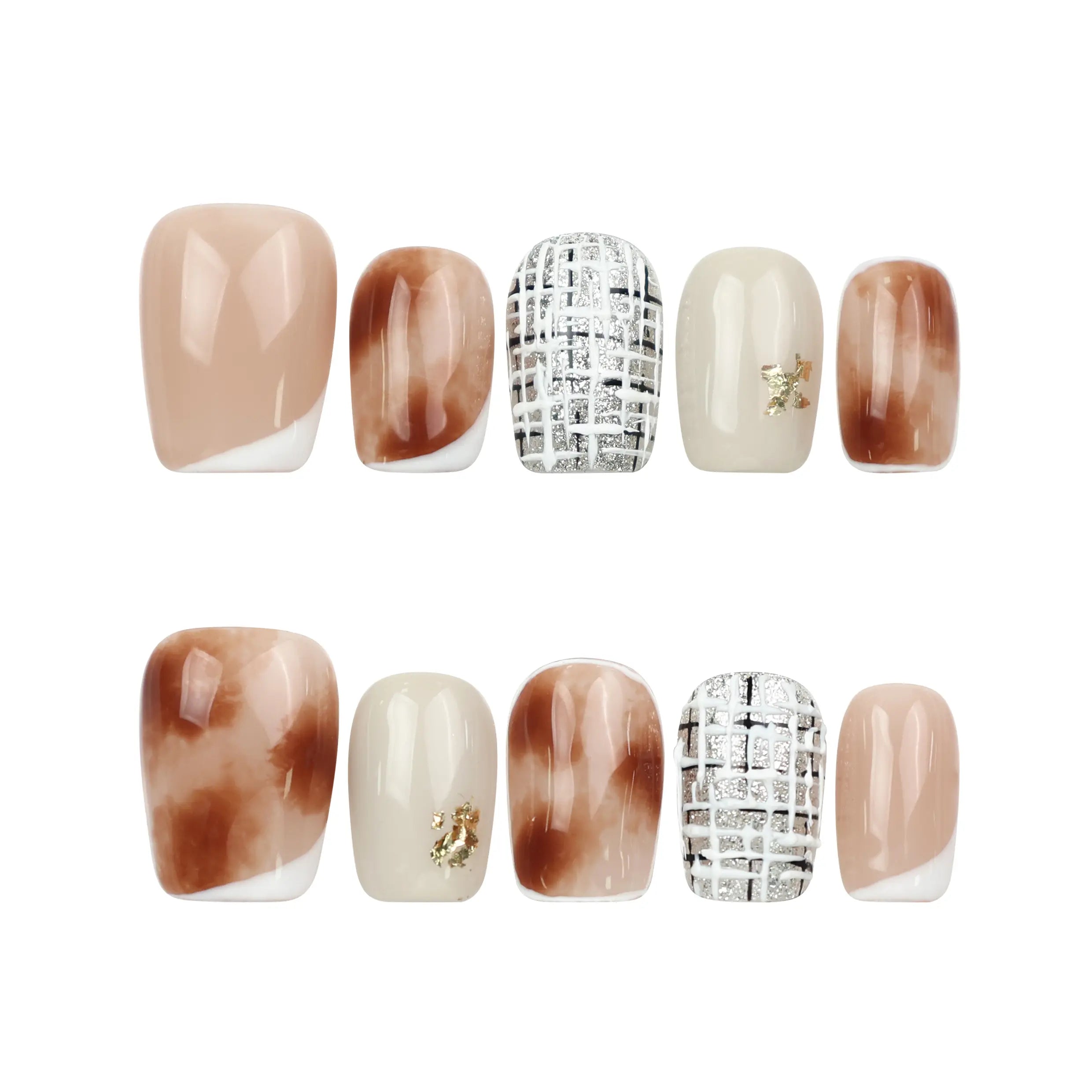 Naillover Mocha Matrix handmade Singapore press on nails in neutral colors with gold accents displayed on white background.