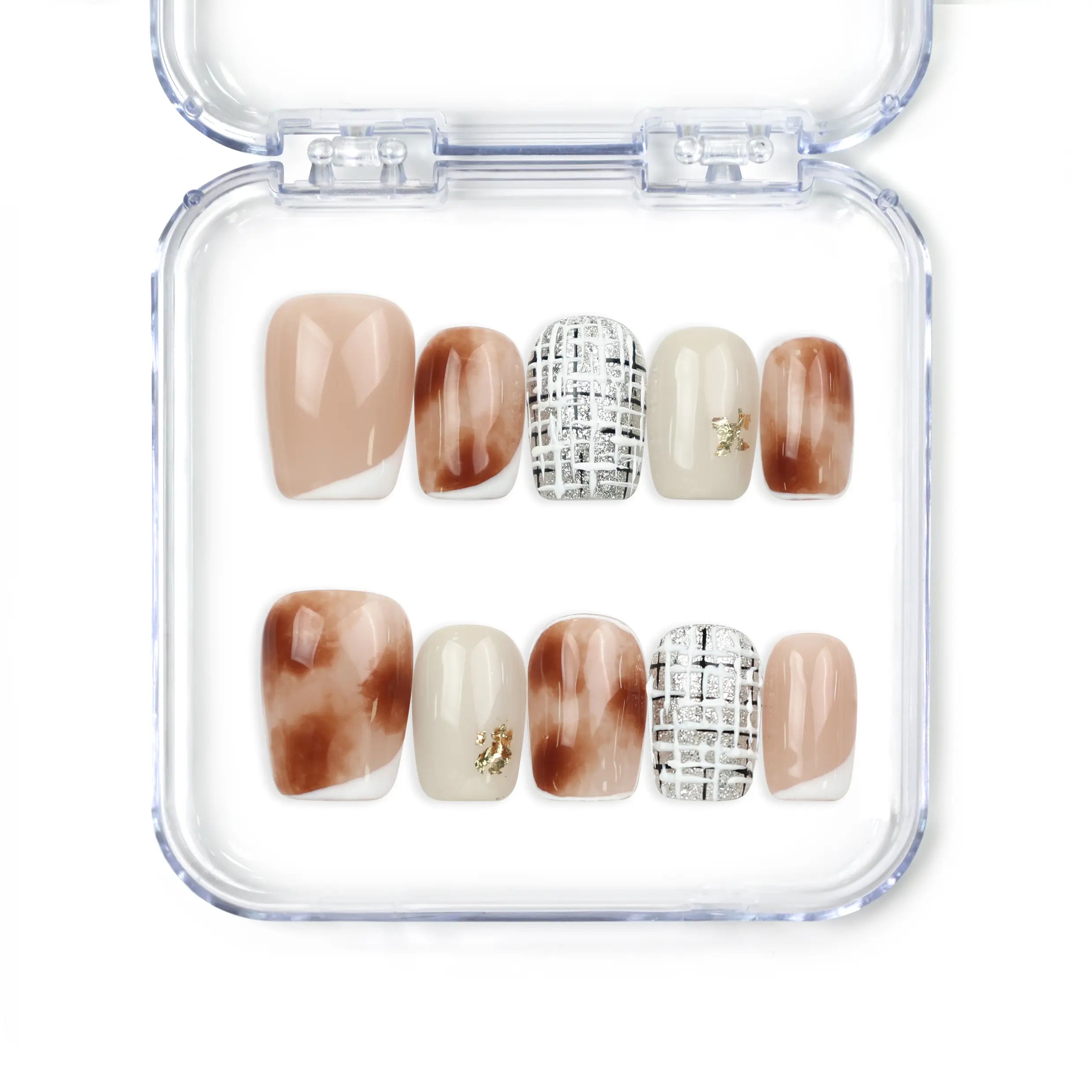 Naillover Mocha Matrix handmade Singapore press on nails in neutral tones with glossy finishes, chic patterns, and gold accents, trendy nail design.