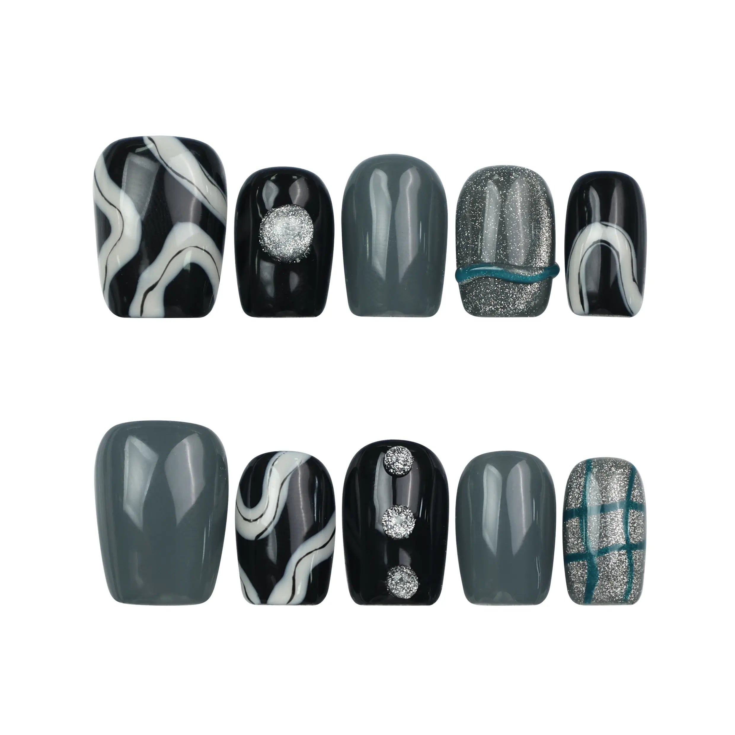 Naillover Mystic Swirl handmade Singapore press on nails in black, grey, and white marble with silver accents on a clean white background.