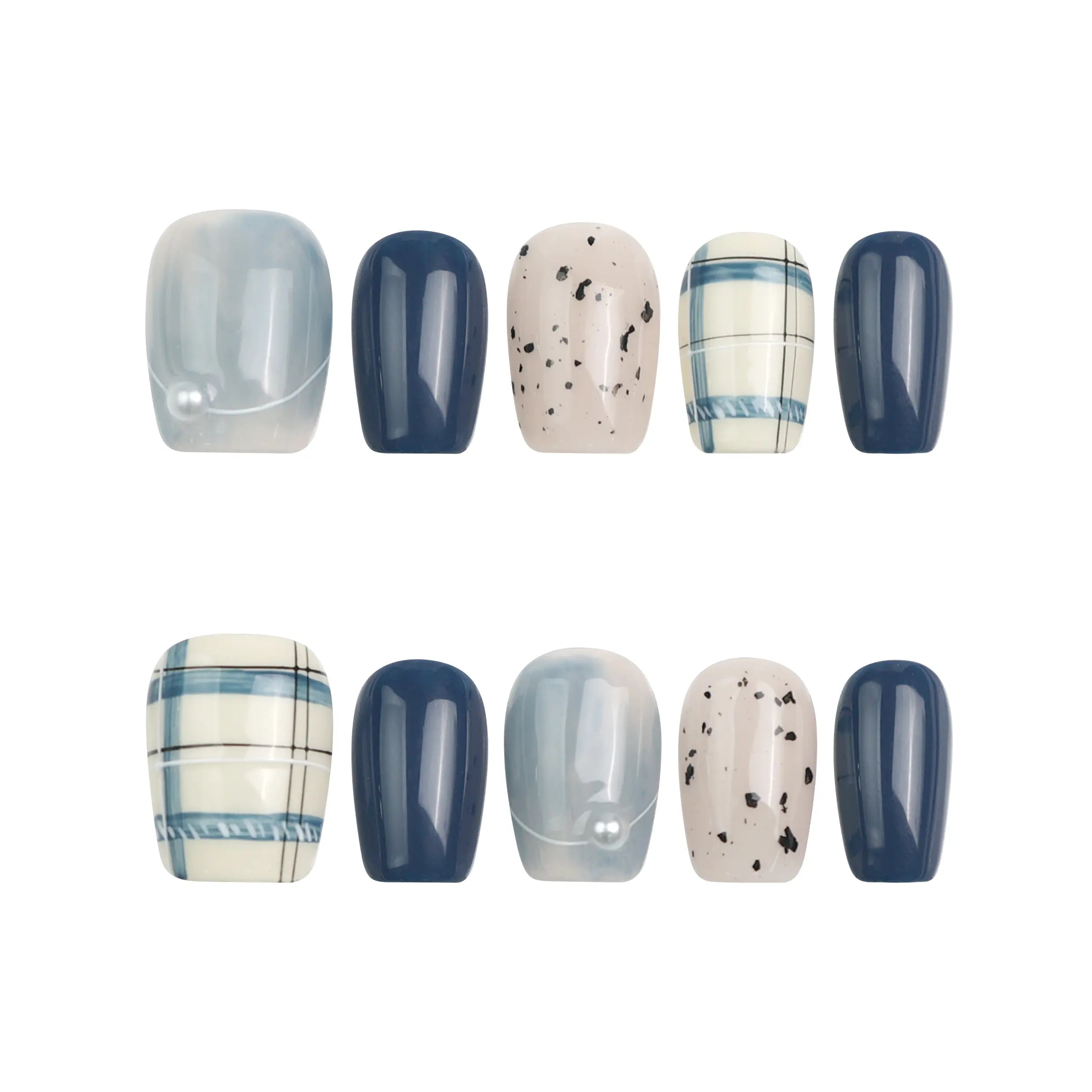 Nautical Stripe press on nails laid flat on white background, showcasing blue-white striped design and handmade finish.