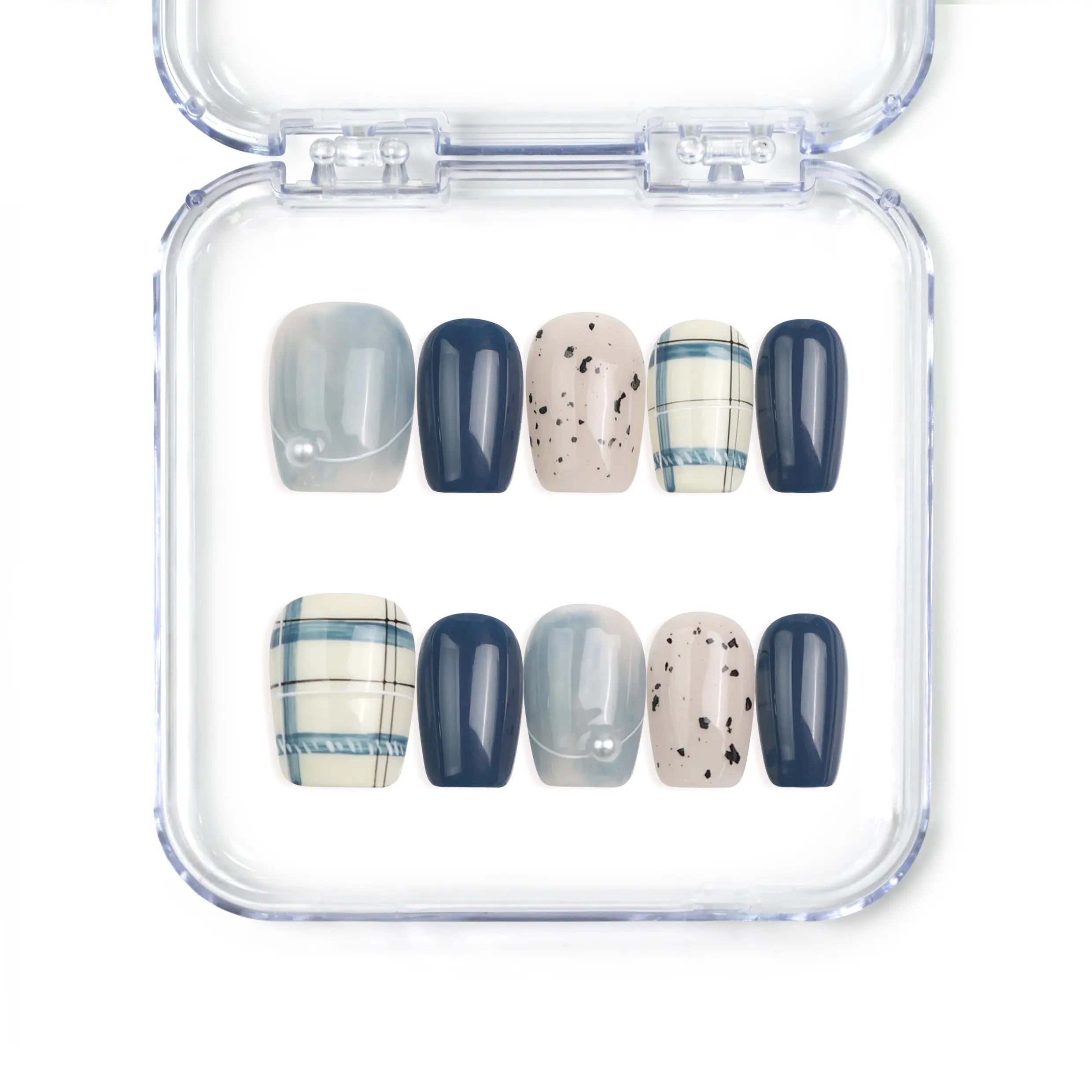 Naillover Nautical Stripe handmade press on nails featuring navy and white stripes in a classic nautical design, made in Singapore.