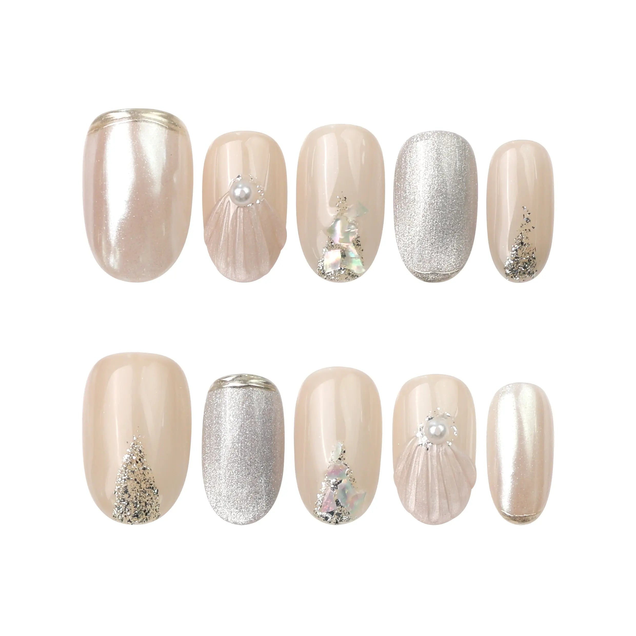 Nude Gleam handmade press on nail set displayed on white background with silver glitter and champagne nude finish.