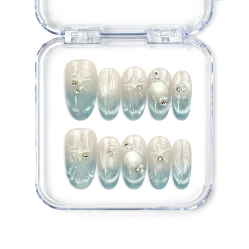 Naillover Ocean Whisper Singapore press on nails, handmade set featuring blue gradient with 3D starfish and pearl accents for a coastal summer look