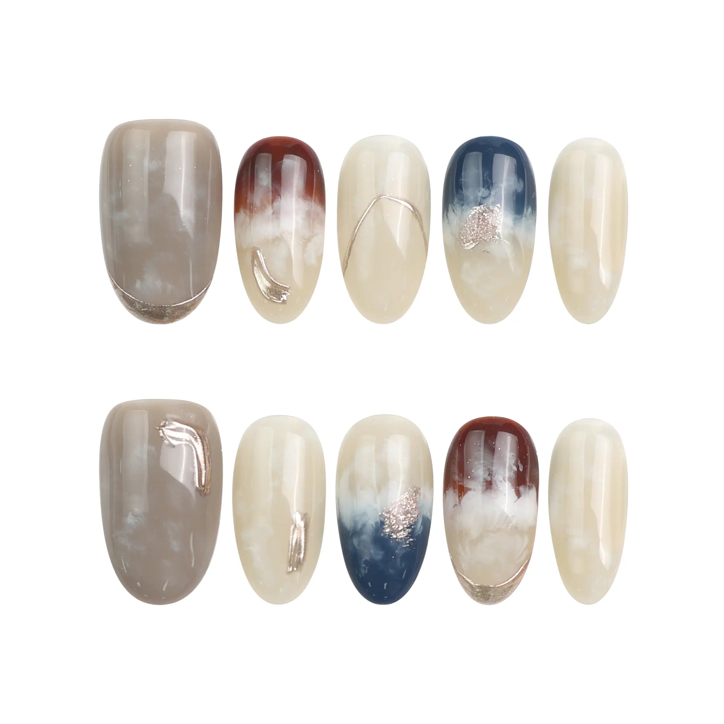 Oceanic Essence press on nail set laid out on white background, featuring glossy blue tones, marble textures, and handmade gold details.