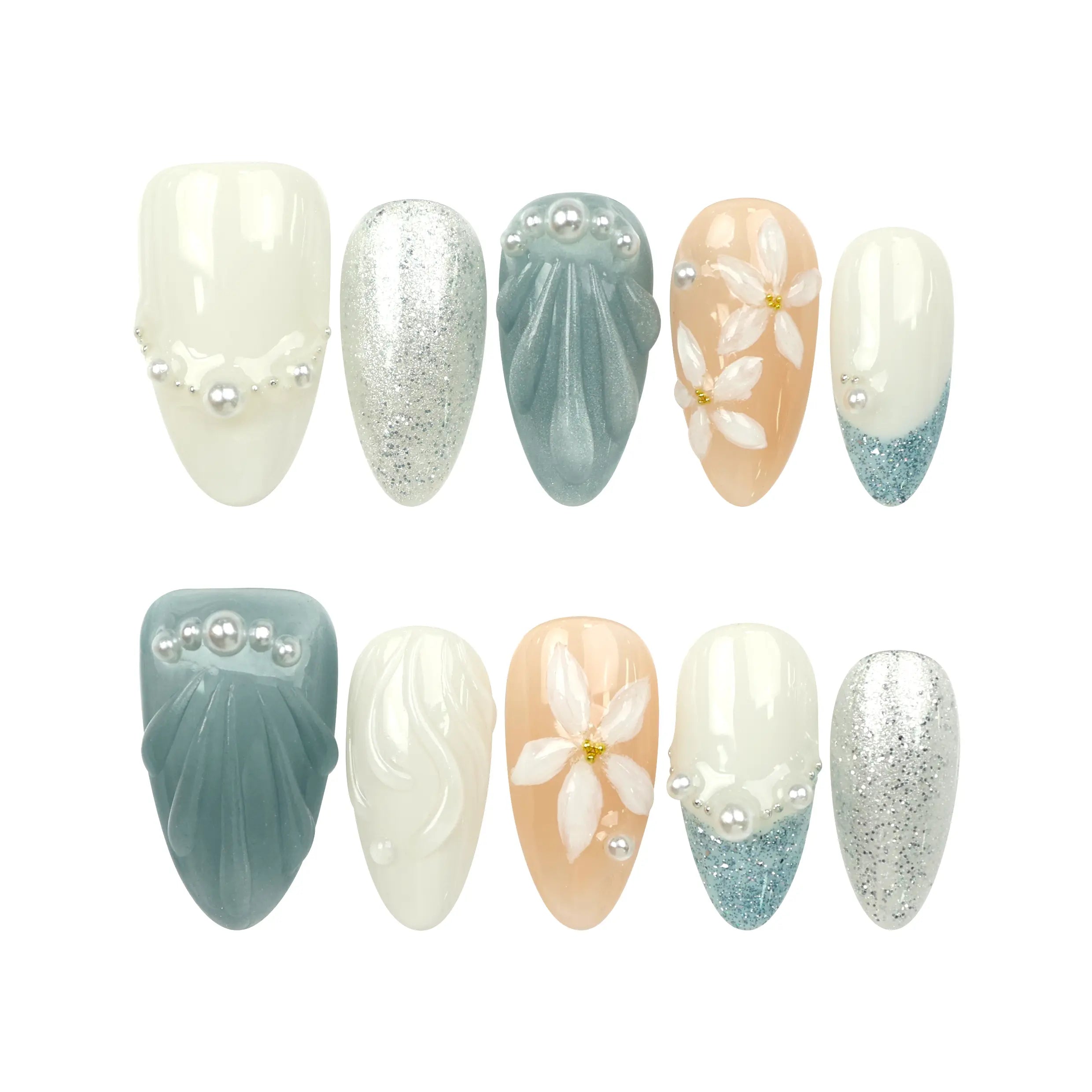 Naillover Oceanic Floral Breeze handmade press on nails flat lay on white background, featuring blue-green tones, floral patterns, and pearl embellishments.