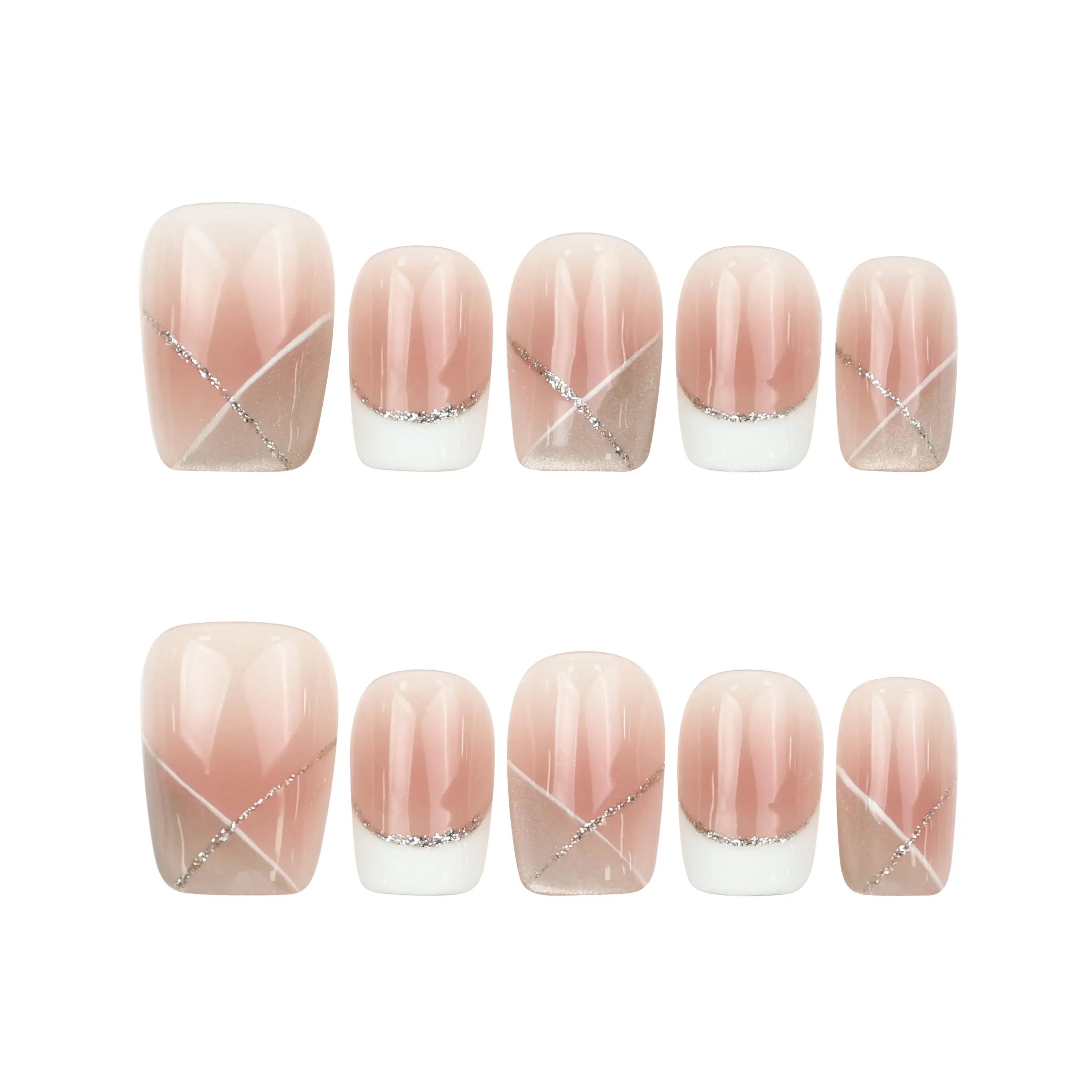 Naillover Opal Scheme handmade Singapore press on nails in pink and white with silver accents displayed on a white background.