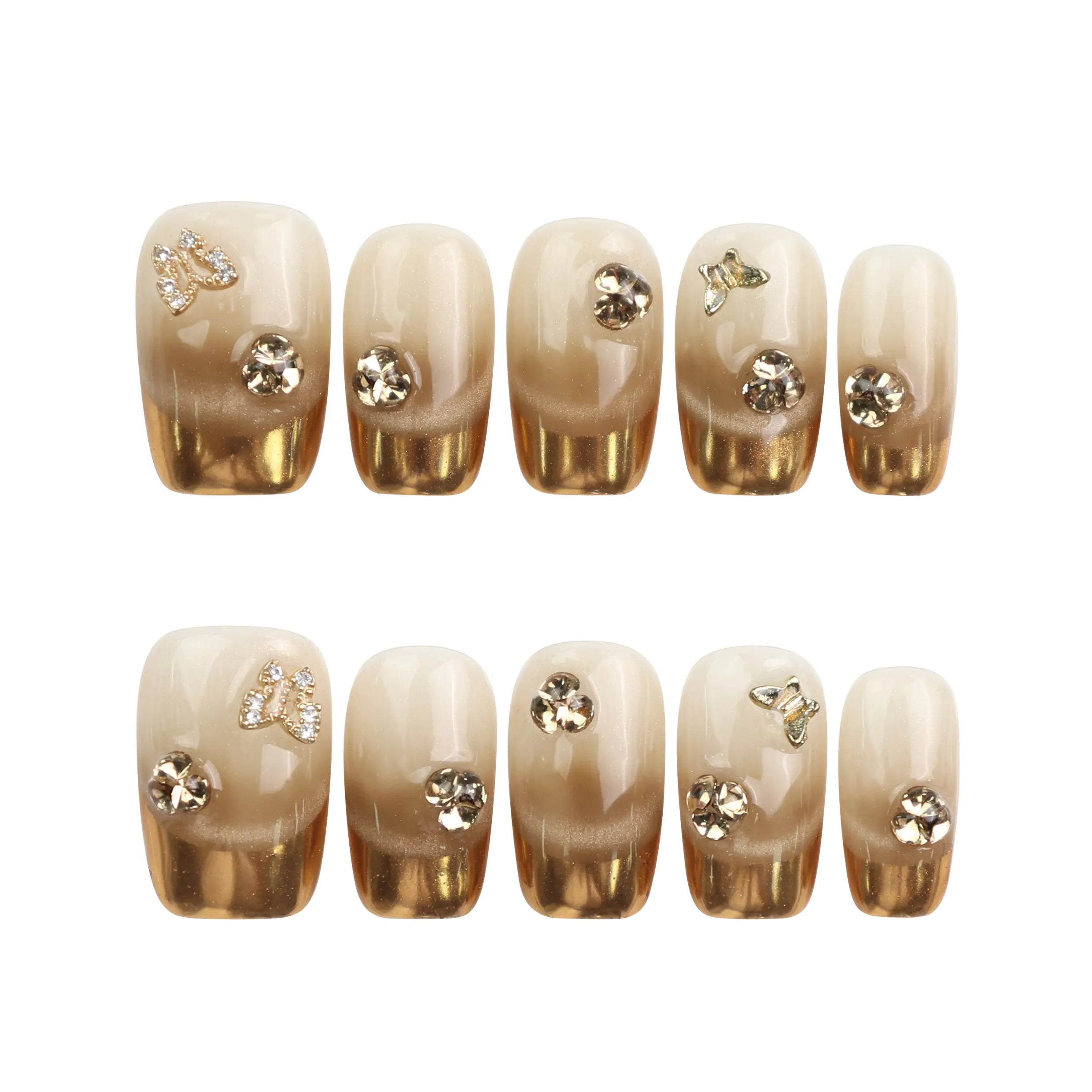 Flat lay of Opal Vibe handmade Singapore press on nails in beige with gold accents on white background