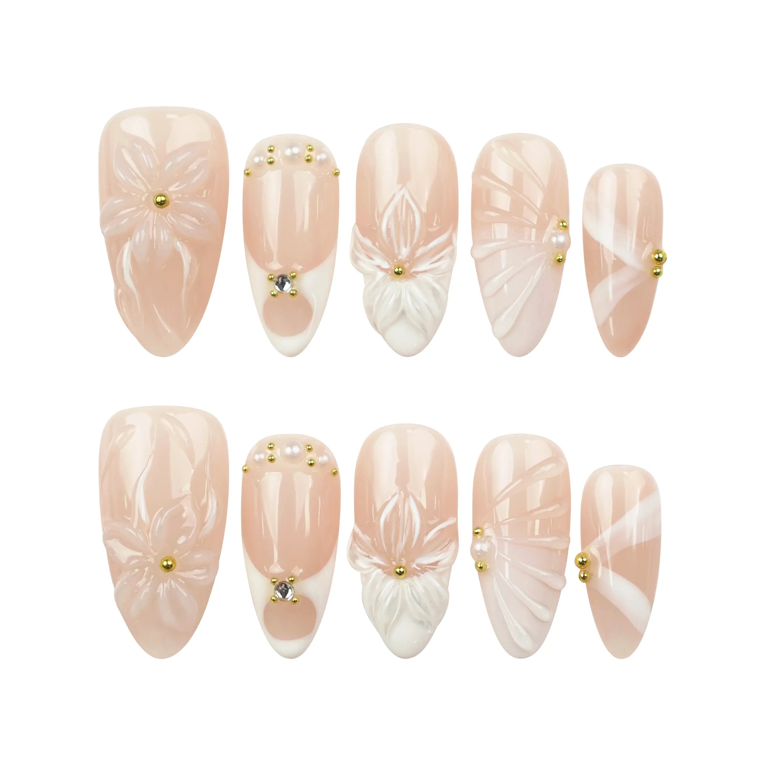 Naillover Peach Petal handmade press on nails flat lay on white background, featuring nude and white palette with 3D floral and pearl designs.