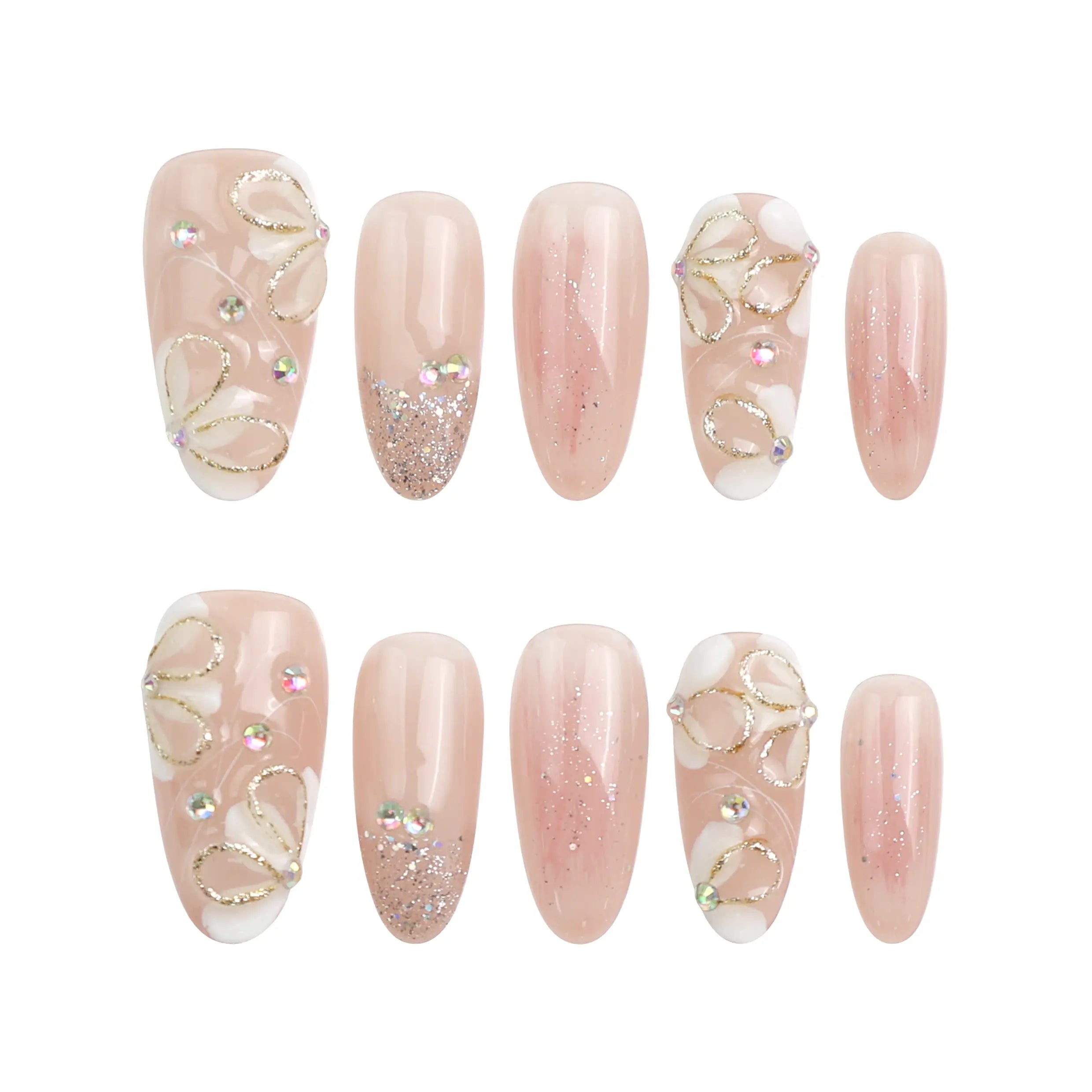 Flat lay of Naillover Peachy Glow press on nails with soft pink floral accents on white background