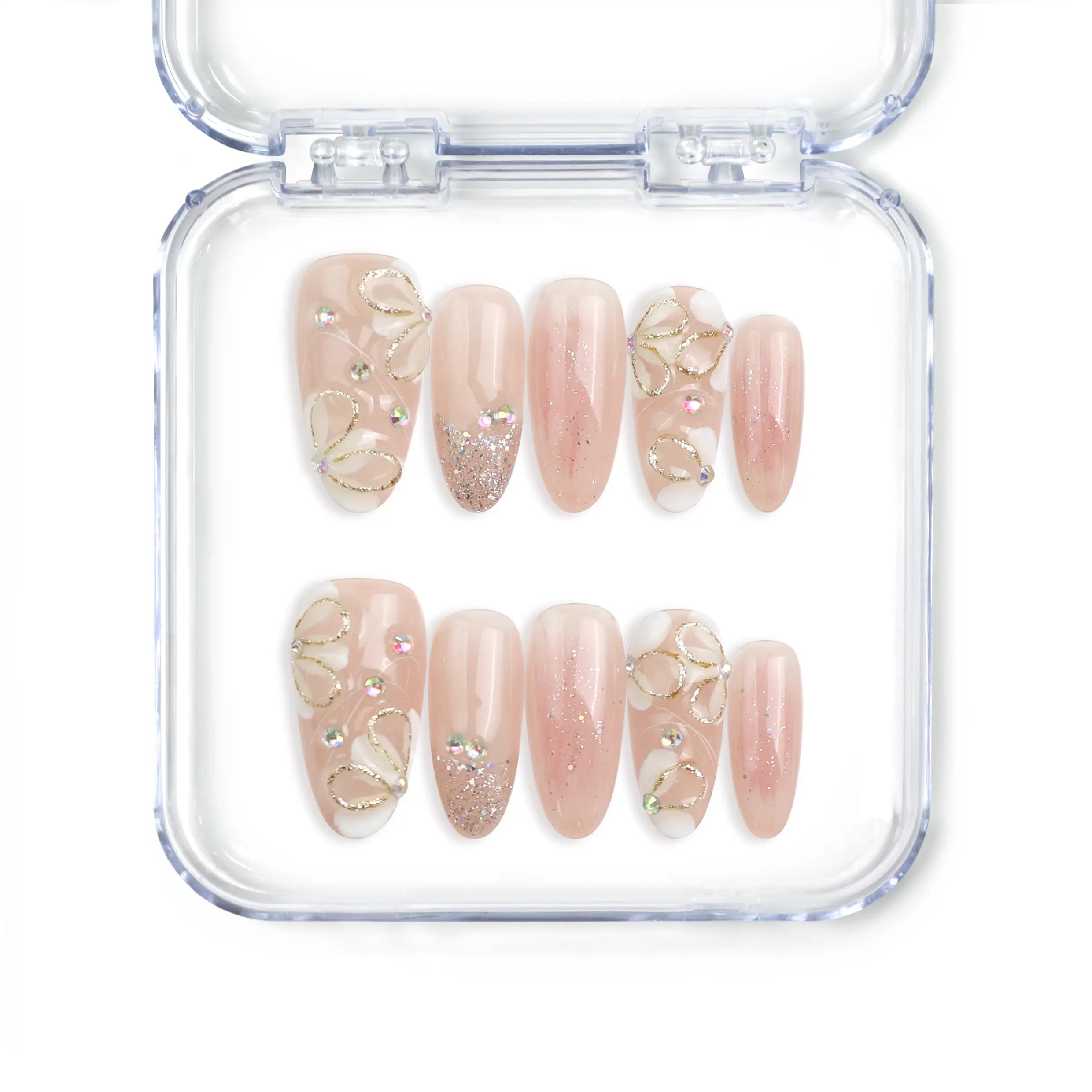 Naillover Peachy Glow Singapore press on nails with soft pink floral accents and a glossy handmade finish.