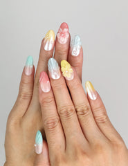 Naillover Pearl Bloom Fantasy 3D Summer Nails worn on hand, showcasing gradient pink and pearl floral design.