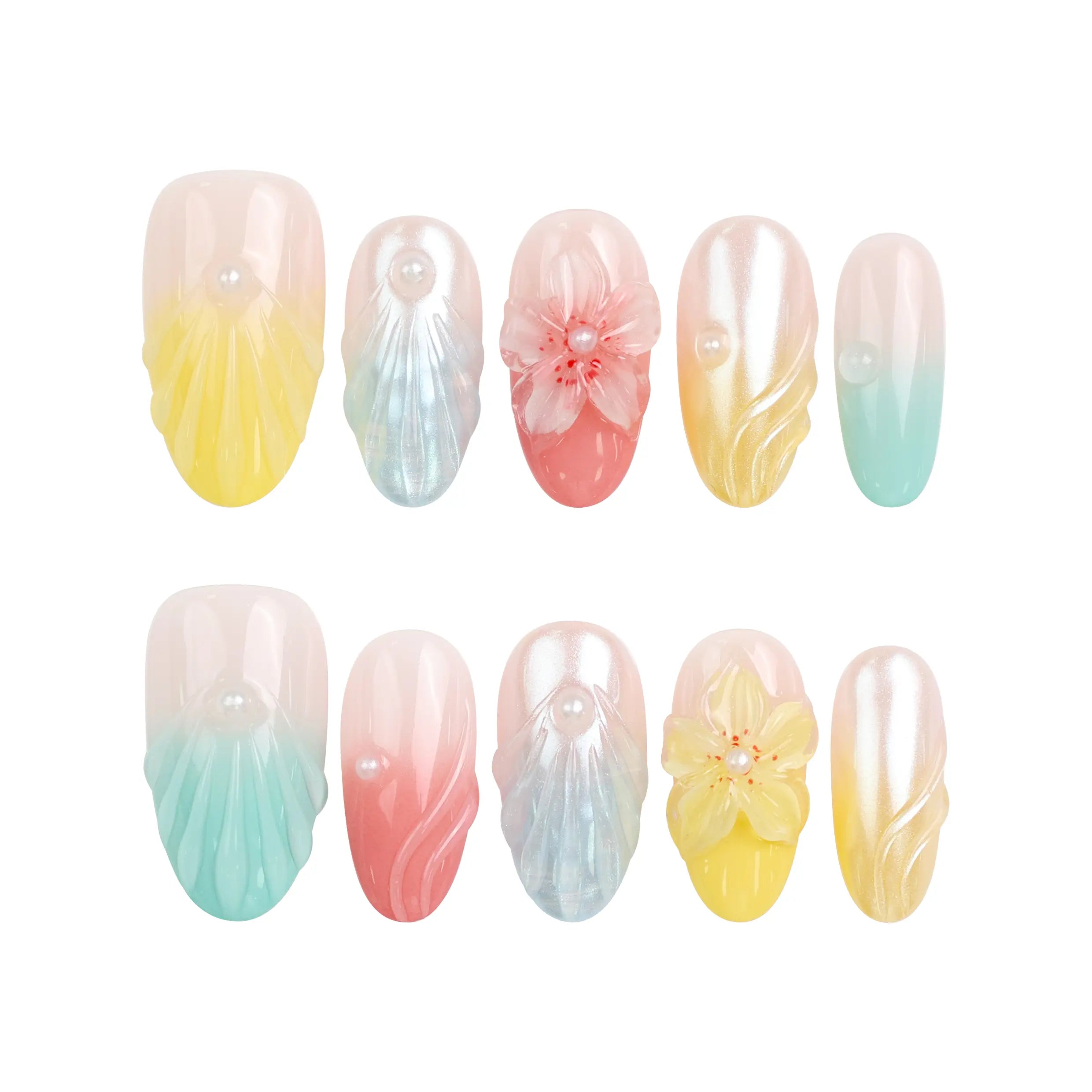 Naillover Pearl Bloom Fantasy handmade press on nails set on white background, featuring gradient, pearls and floral accents.