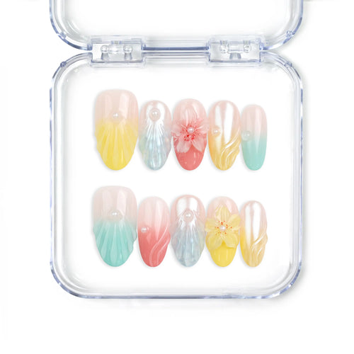 Pearl Bloom Fantasy 3D Summer Nails by Naillover, handmade press on nails Singapore with gradient design, pearls and flower details.