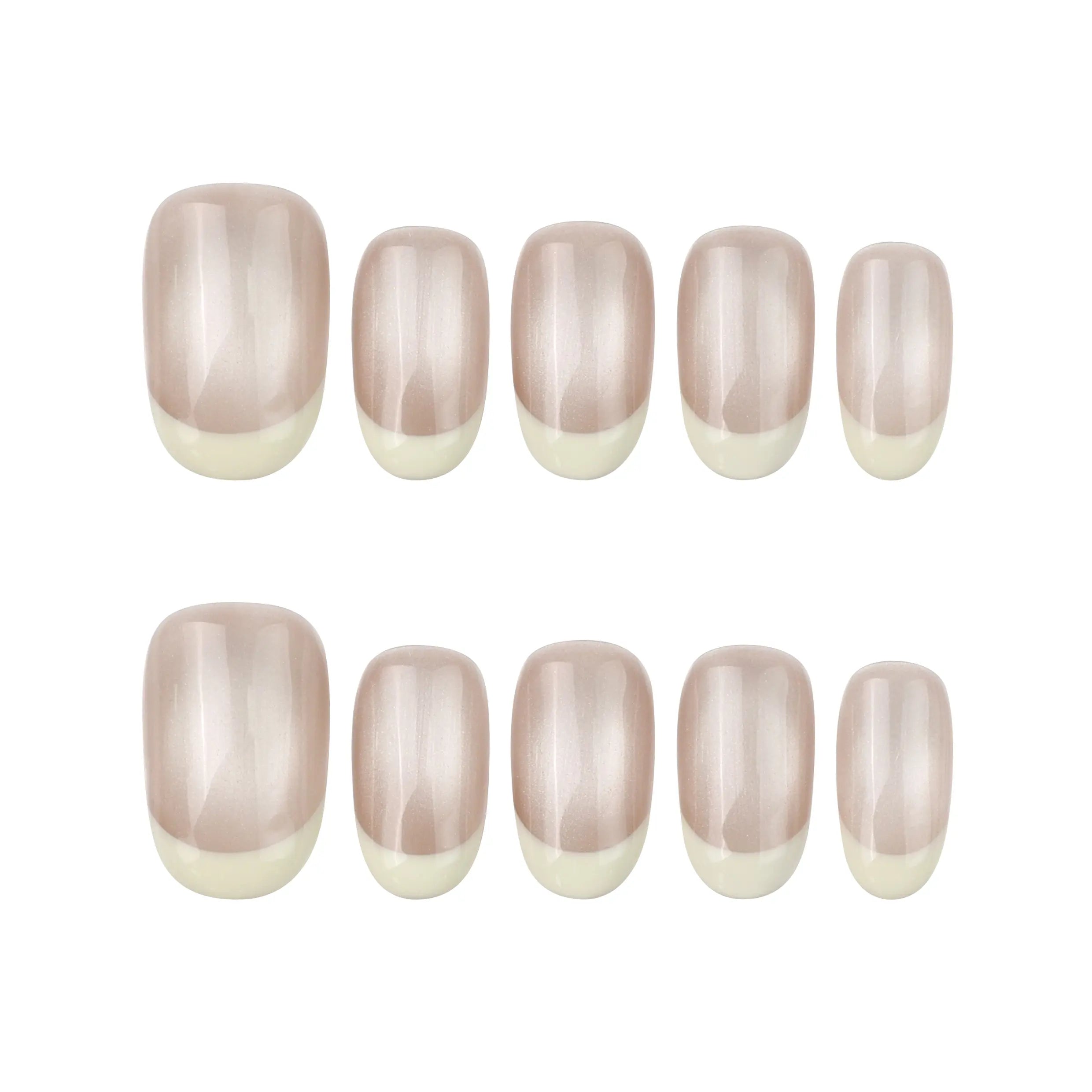 Flat-lay of Pearl Glow press on nails — nude pearly finish, handmade by Naillover, part of Singapore’s classic nail collection.